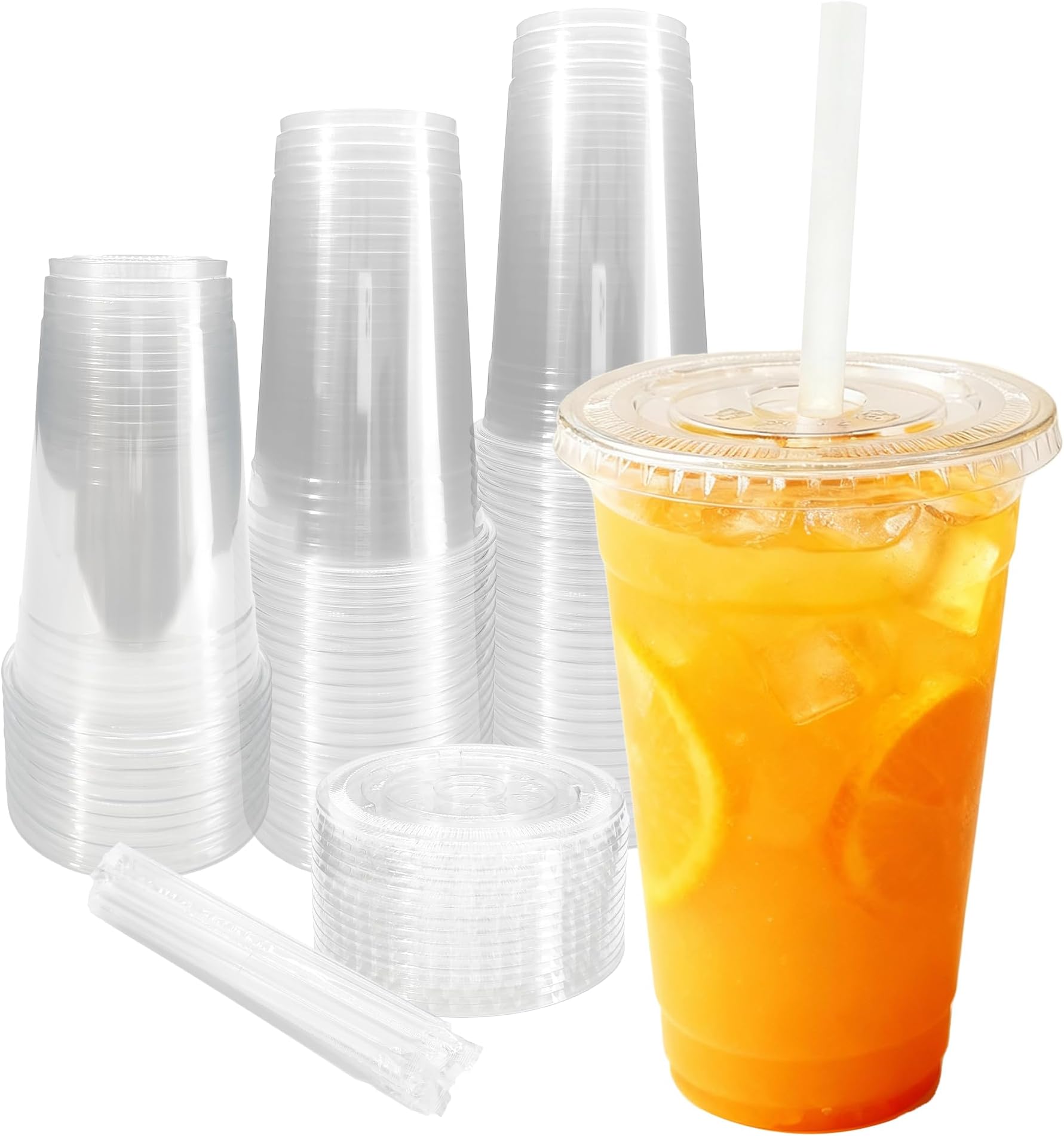 24 oz 100 Pack Clear Plastic Cups with Lids and Straws, Disposable Iced Coffee Cups for Party, Sturdy Plastic Smoothie Cups for Cold Drinks - BPA free