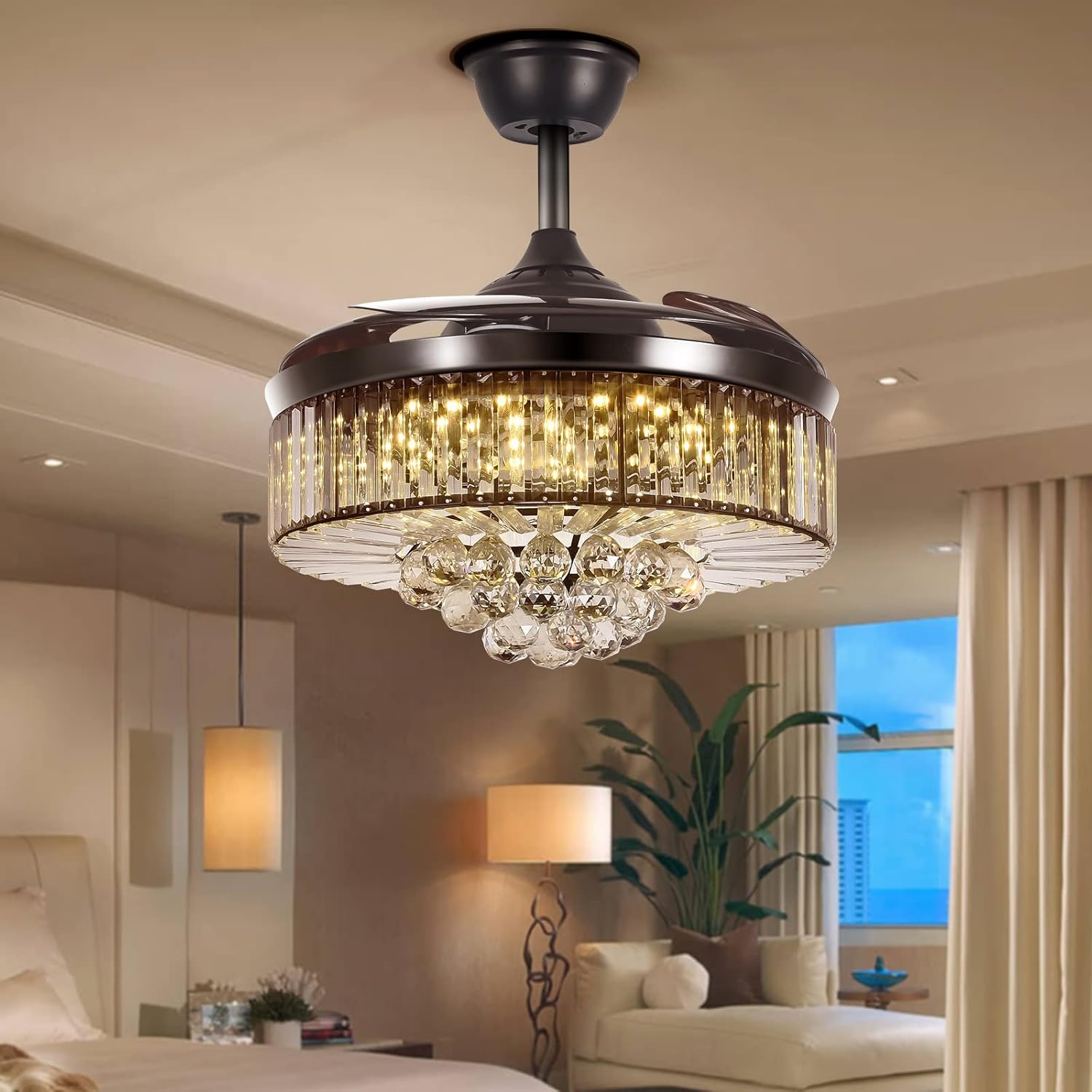 42'' Modern Fandelier Crystal Ceiling Fan with Light, Black Crystal Chandelier Ceiling Fan Remote Control 3 LED Lights 3 Speeds Retractable Fandelier Lighting for Bedroom Living Room