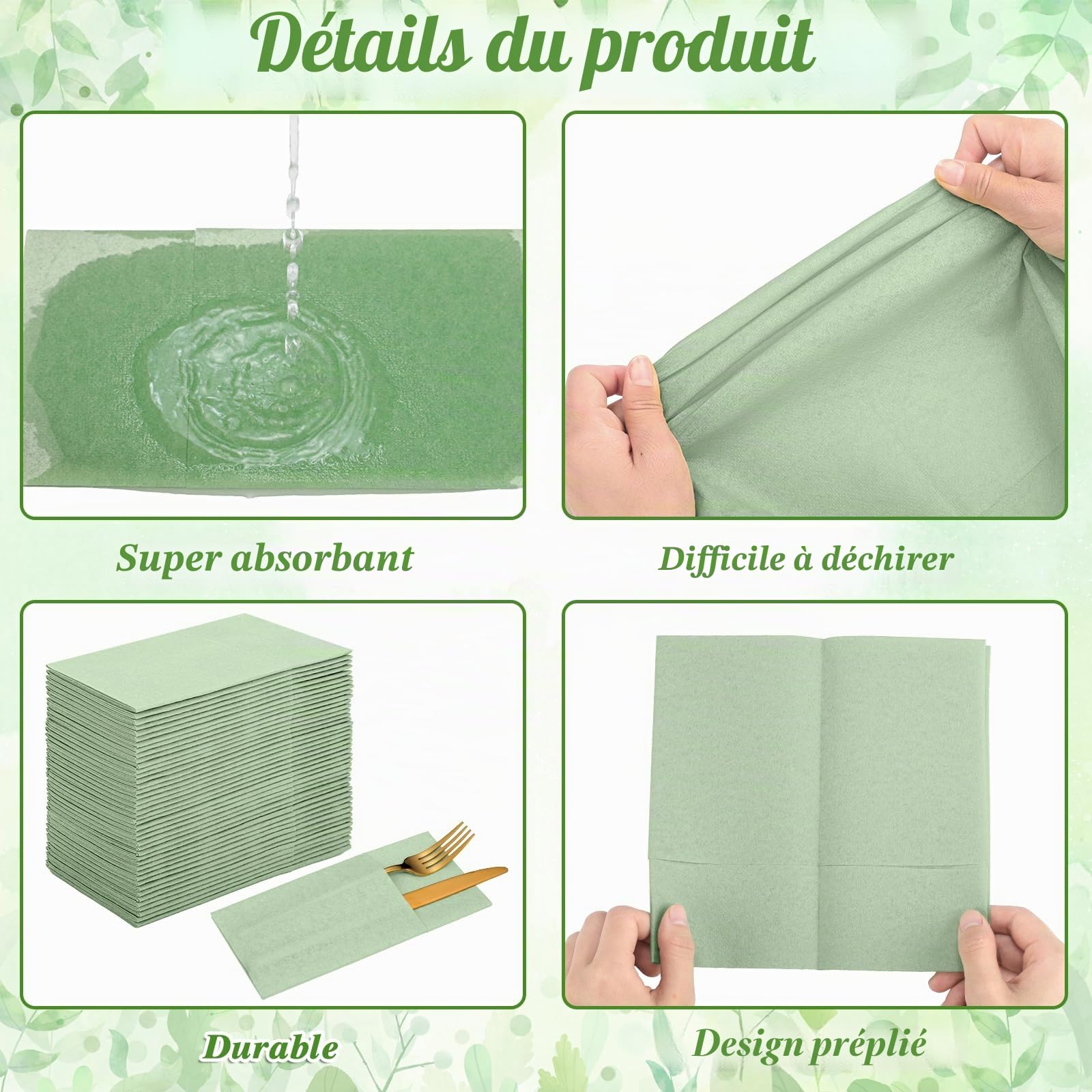 Lot de 60 serviettes de table jetables en lin avec poche intégrée pour couverts, mariage, fête prénatale, fête de mariage (vert sauge)