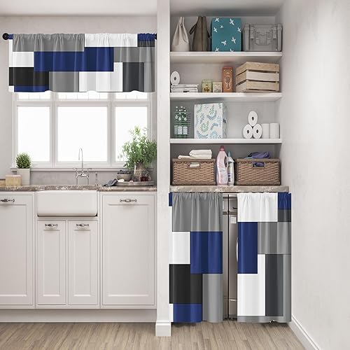 Miniatura 2 de Cortinas de cocina azul marino de Tayney, juego de 3 cortinas de ventana a cuadros y cenefas, cortina de nivel corta geométrica en negro, gris y