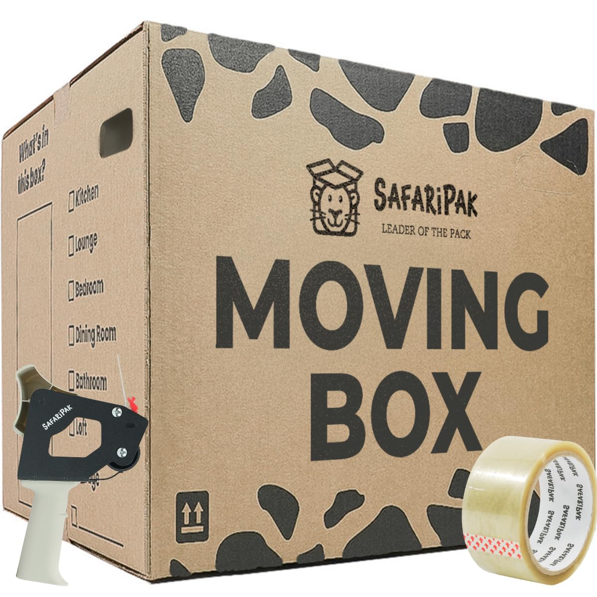 SAFARIPAK - 10 Pack Strong Extra Large 52cm x 52cm x 40cm Reusable Cardboard Storage Packing Moving House Boxes with Carry Handles & Room List Checkboxes - 108 Litre Capacity - Inc 66m Tape & Tape Gun