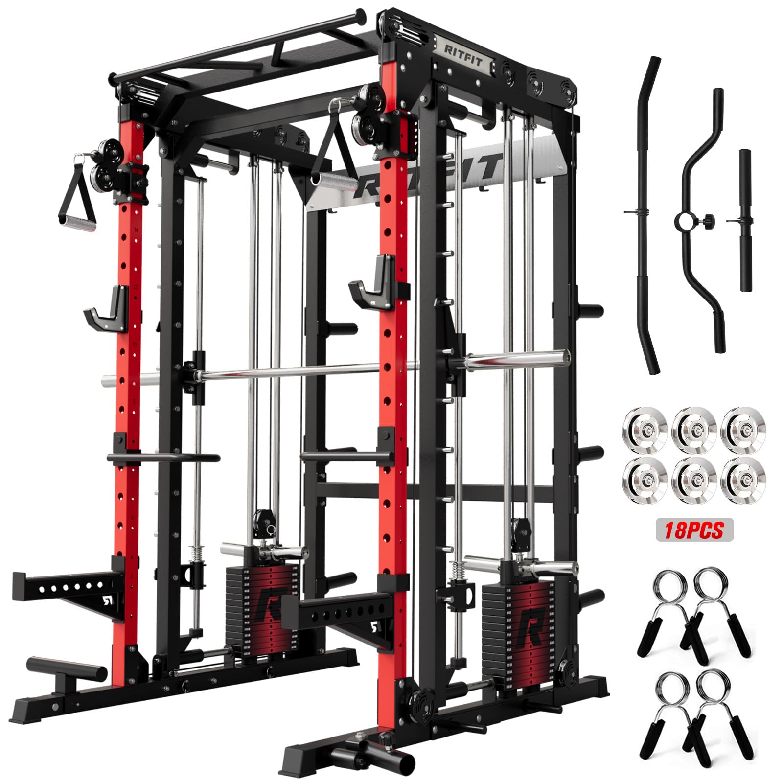 RitFit M2 3D Smith Machine with Steel Weight Stack, 60x60mm Power Cage | All-in-One 286lbs Weight Stack, Cable Crossover, 2000lbs Capacity Power Cage