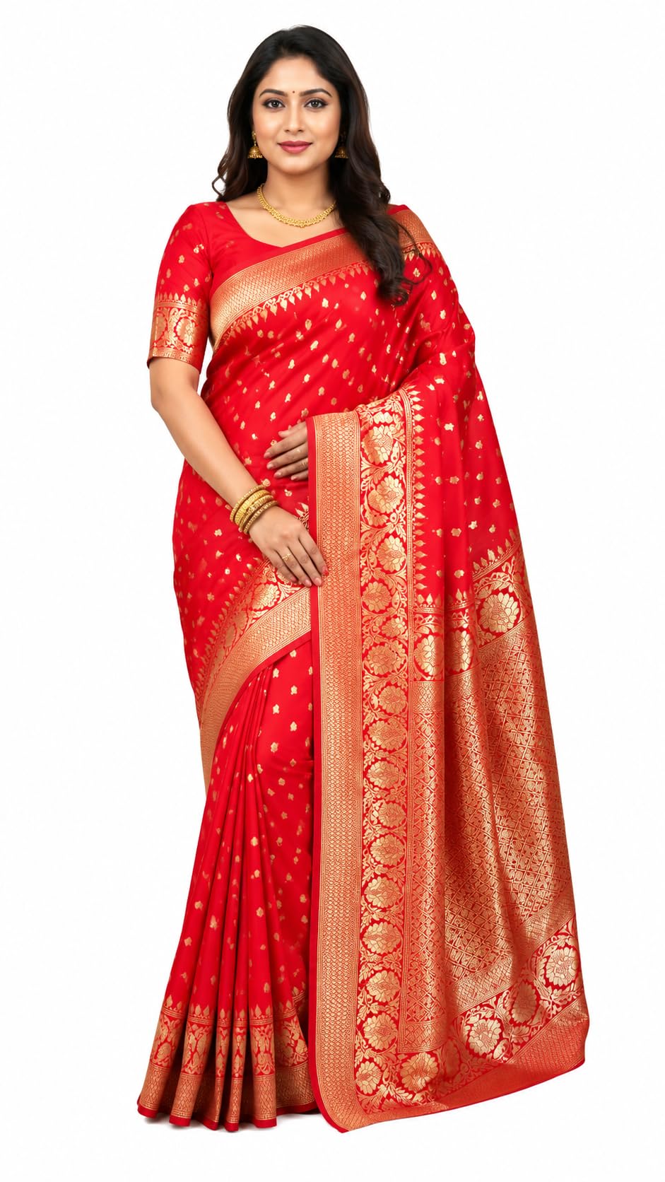 Kamakshi Red Semi Katan Silk Saree with Gold Zari Border-image-32