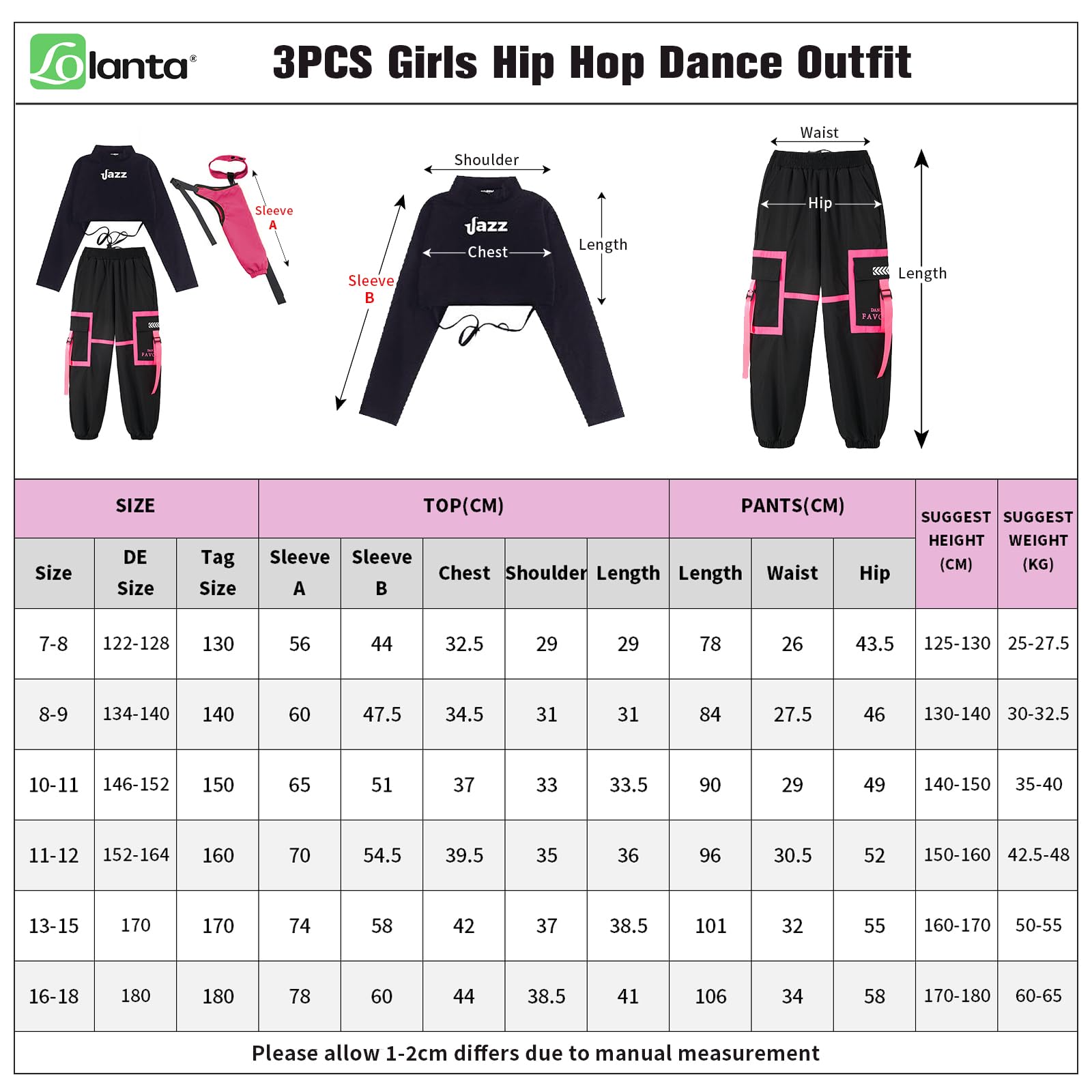 LOLANTA 3 Piezas Ropa Hip Hop Niña, Conjunto Top Corto y Pantalones Cargo