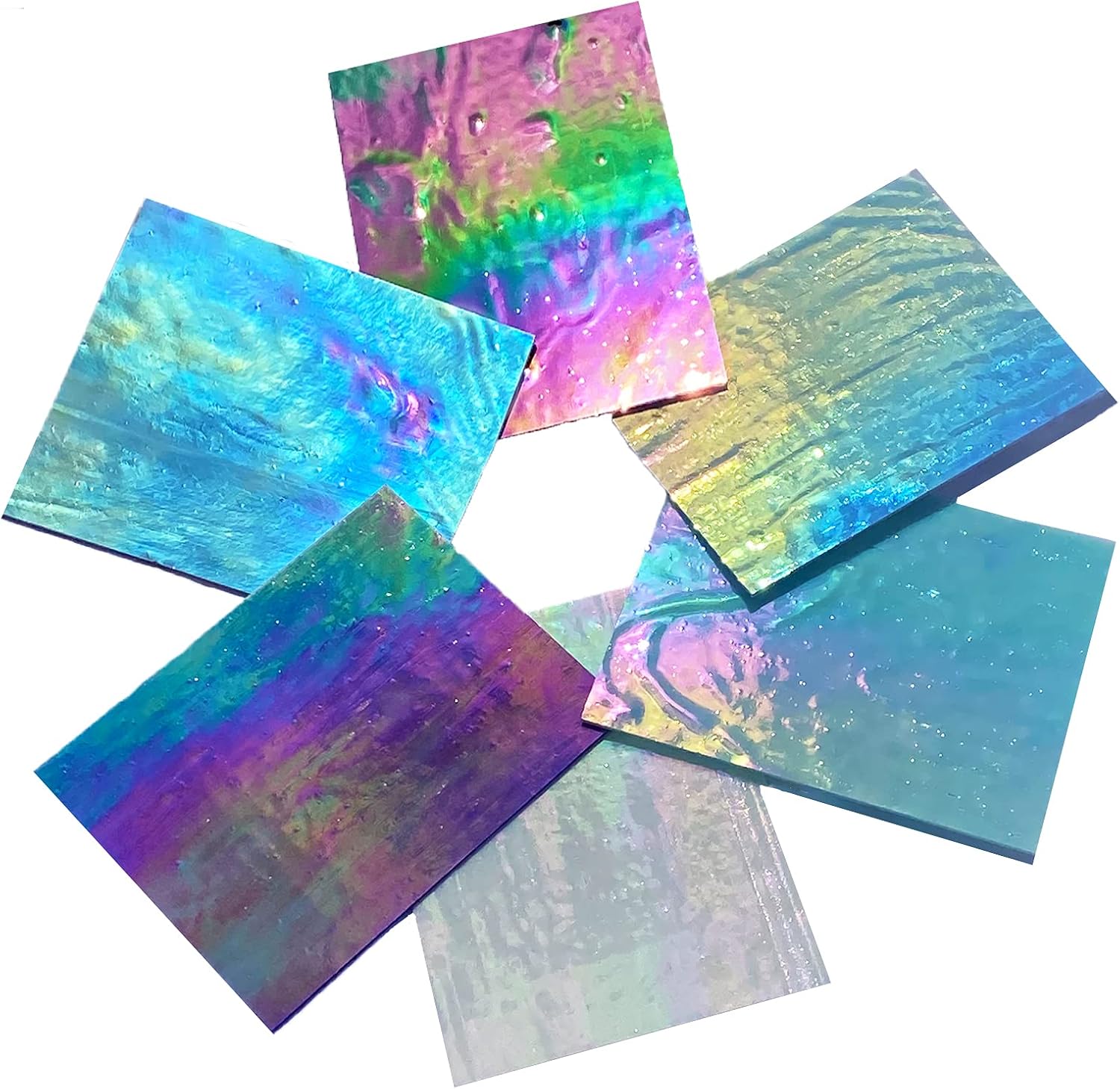 PALJOLLY 6 Sheets 7 1/2 x 6 inch Iridescent Stained Glass Sheet Variety Pack, Iridized Glass Sheet in Rainbow Colors for Glass Hobby Projects and Crafts