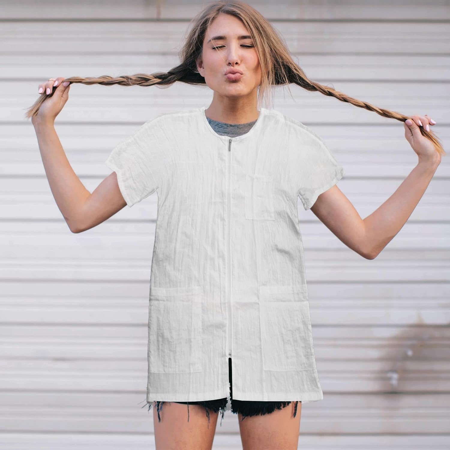 LABRIMP Haircut Cape White Fiber Short Sleeve Hairdresser Uniform | Hairdresser Grooming Smocks, Salon Apron Hair Stylist, Easy to Clean Breathable Quick-drying
