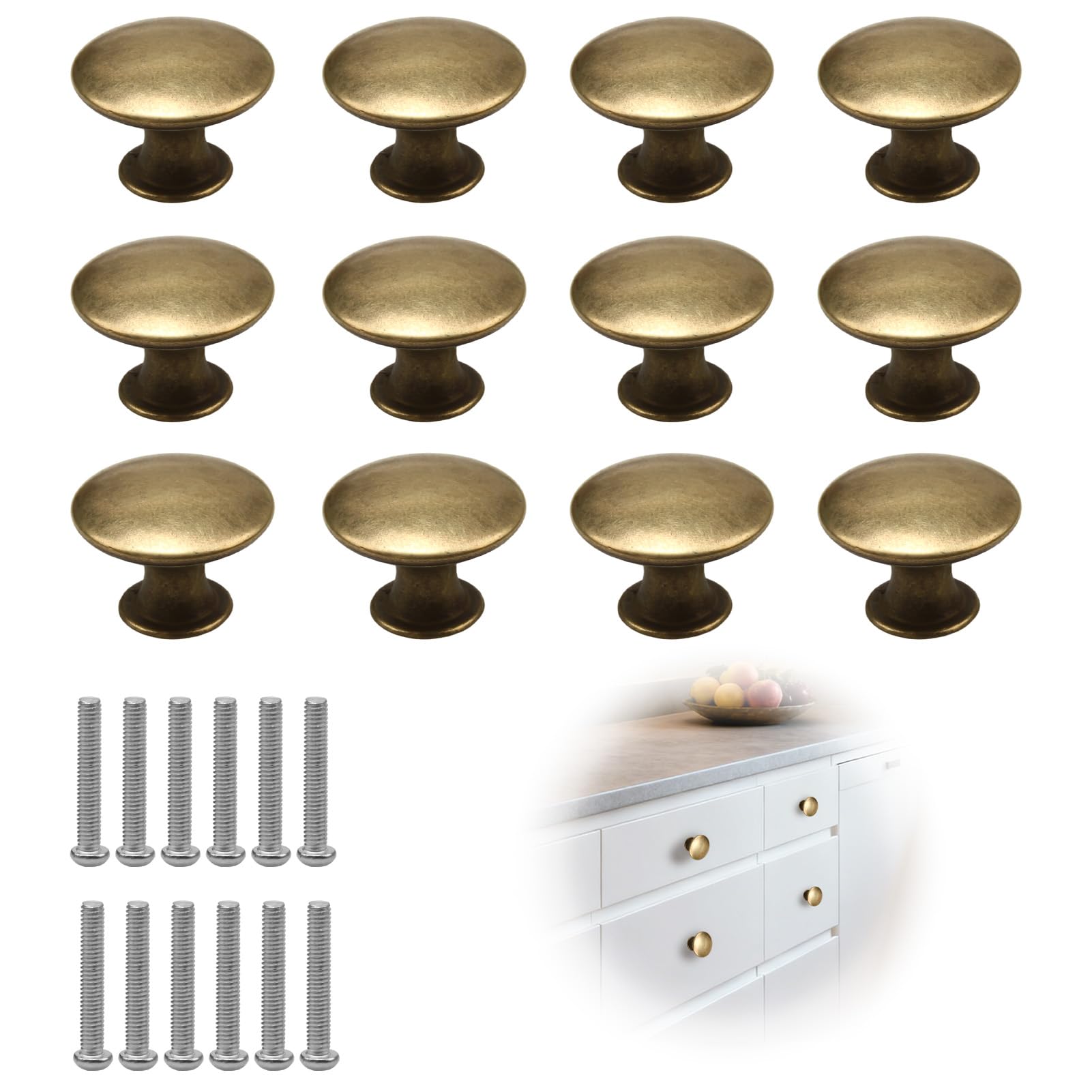 Set di 12 pomelli per mobili vintage in ottone antico, pomello per cassetti in lega di zinco, maniglie rotonde per armadietti, armadi, cassettiere, cucina, bagno, stile chic ed elegante
