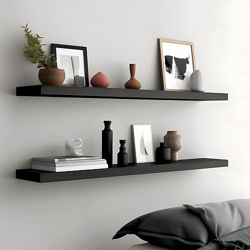Miniatura 2 de Paquete de 4 estantes flotantes negros de 36 pulgadas, montados en la pared, de madera, resistentes, fáciles de instalar