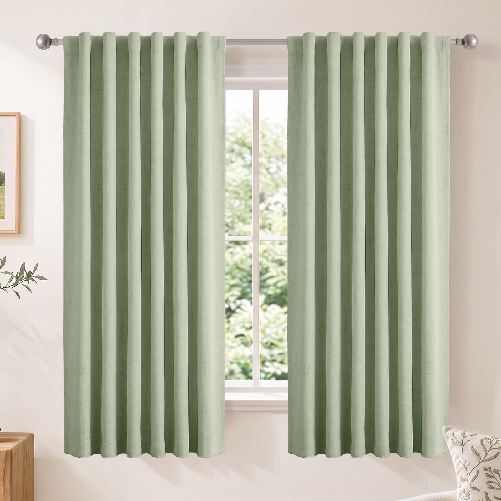 Sage Green Total Blackout Curtains for Bedroom 63 Inches Long
