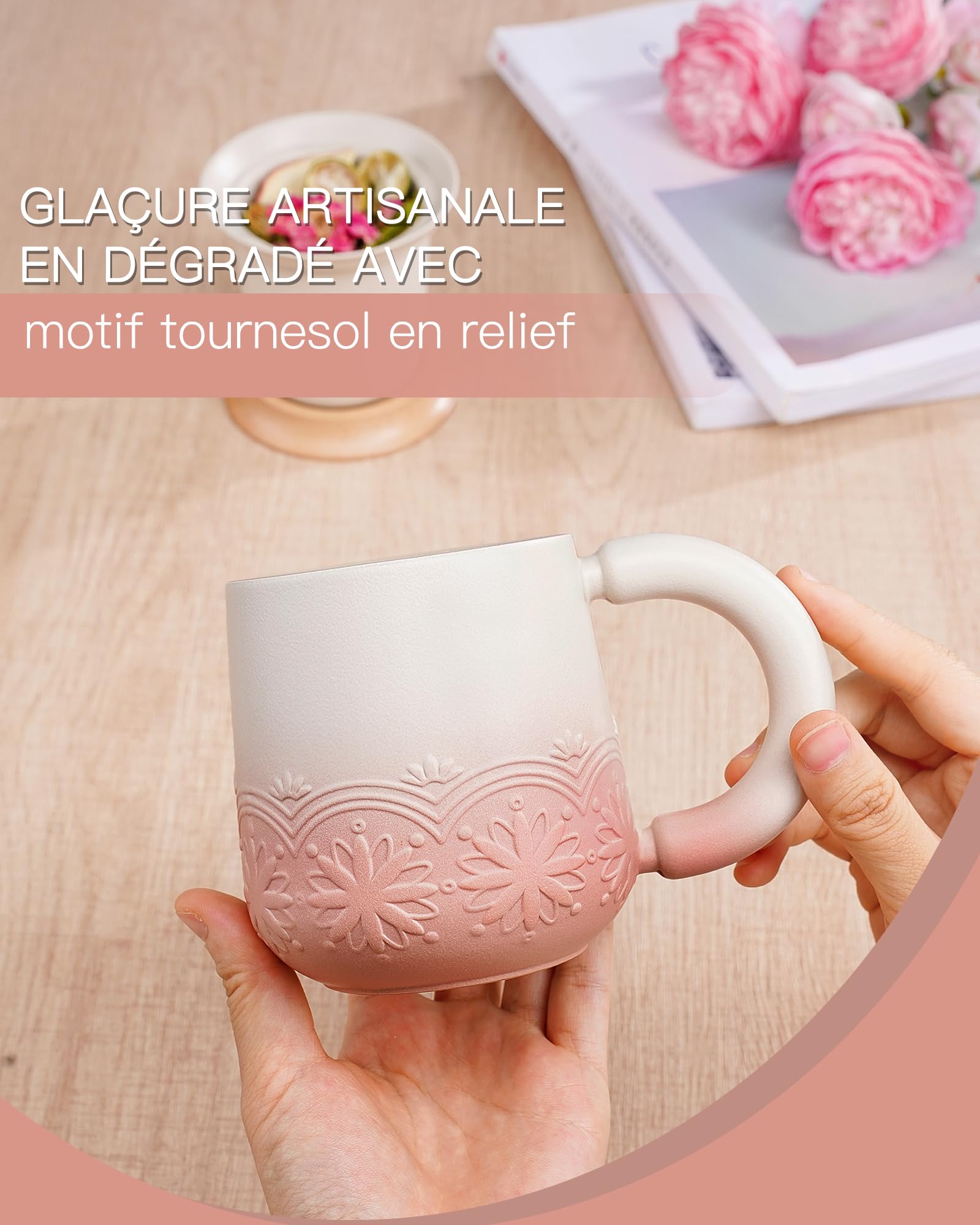 ZENS Taza de té con infusor y tapa, 330 ml - Taza de cerámica con relieve para té de hojas, tapa de madera, taza con filtro para amantes del té, rosa pálido