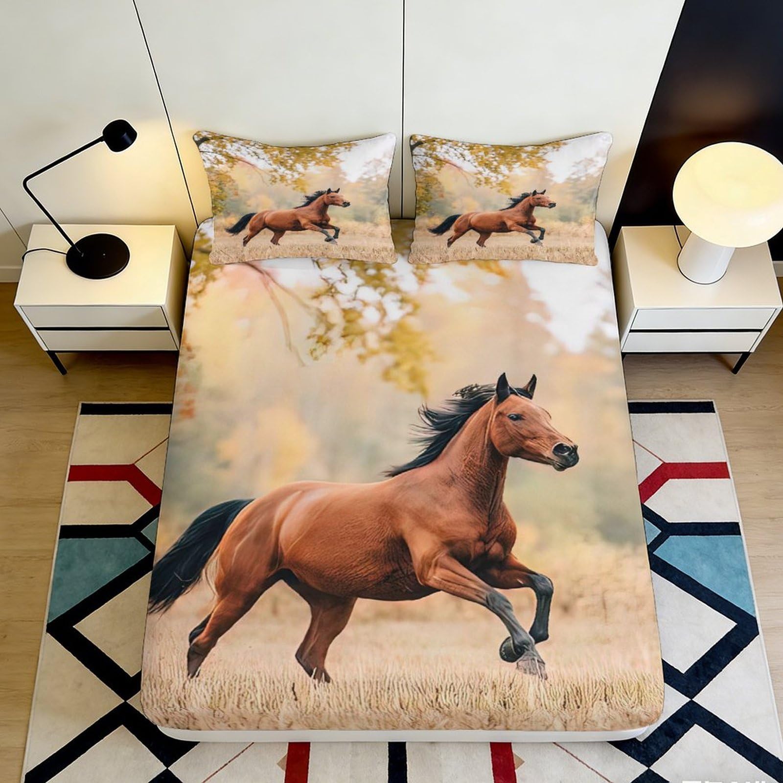 3D Printed Running Horse Fitted Sheet Microfiber Deep Pocket Bedroom Bedding Wild Horse Mattress Fitted Cover Elastic Hem Washable 160x200x25cm