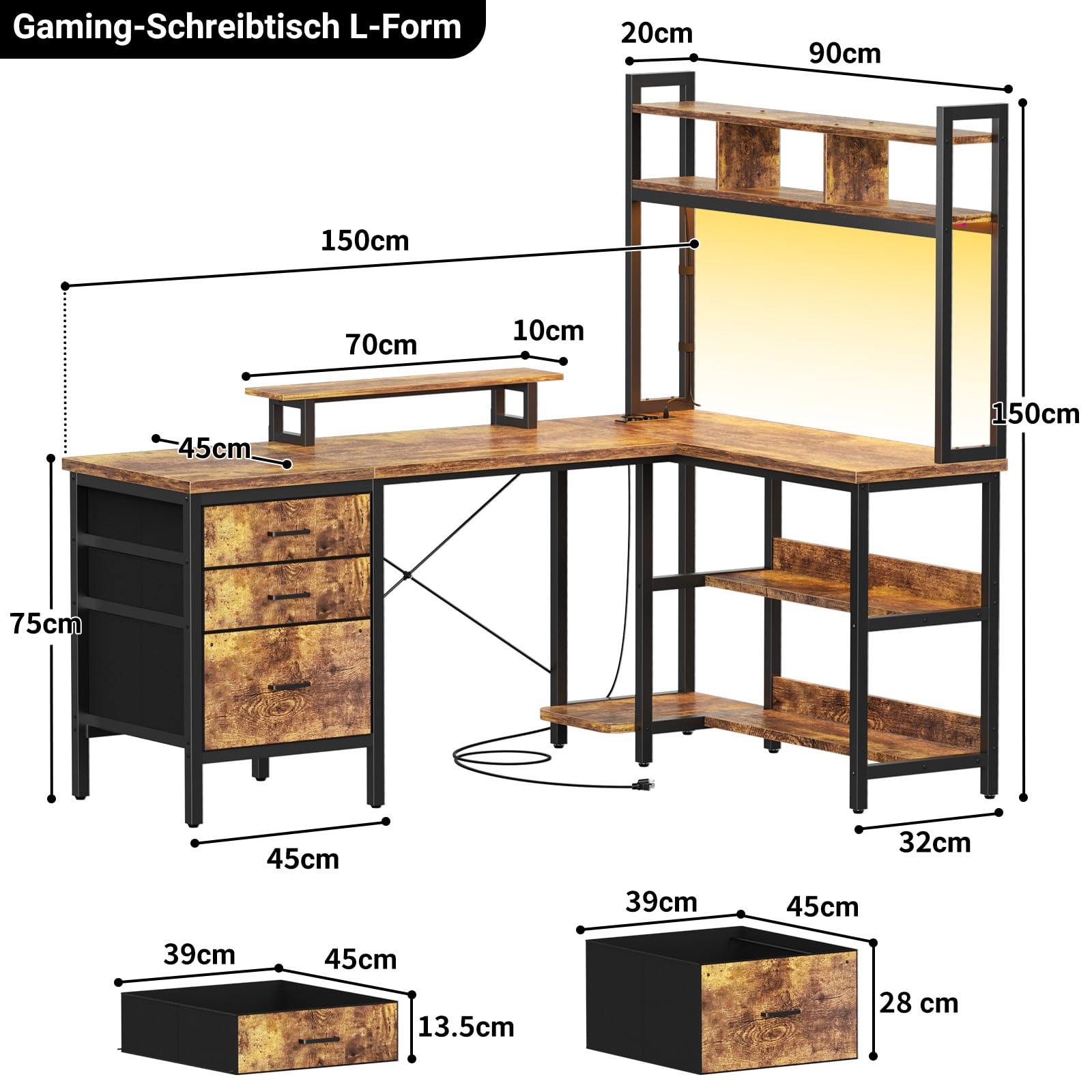 Homieasy 150cm L-Form Eckschreibtisch, Schublade & LED, Rustikales Braun | Steckdosen, USB & Type-C, Monitorständer & A4 Ablage, Reversibel, Platzsparend, Metallgestell, MDF