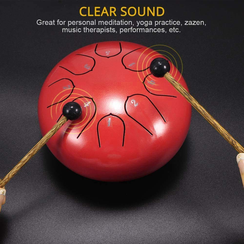 Steel Tongue Drum, 6 Inch Hand Pan Percussion Drum 8 Tune Percussion Instruments, Drum with Drumsticks & Carrying Bag, Tutorial Book, 4 Finger Picks (Red)