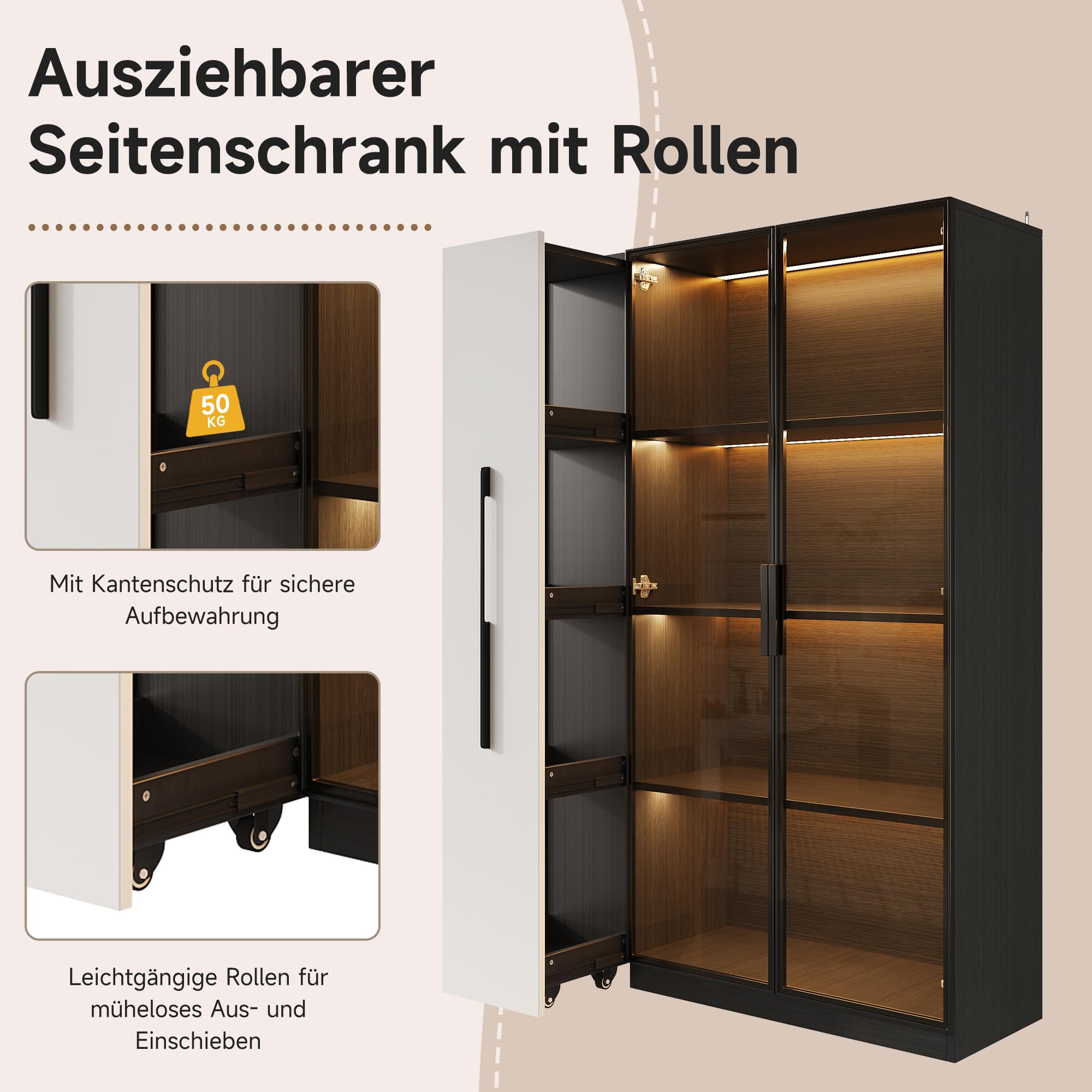 Merax Vitrine 110,5x35x160 cm, Multifunktionsschrank mit Glastür und LED-Beleuchtung, Seitenauszug auf Rollen, moderner Hochschrank in für Wohnzimmer, Esszimmer oder Büro, Schwarz & Weiß