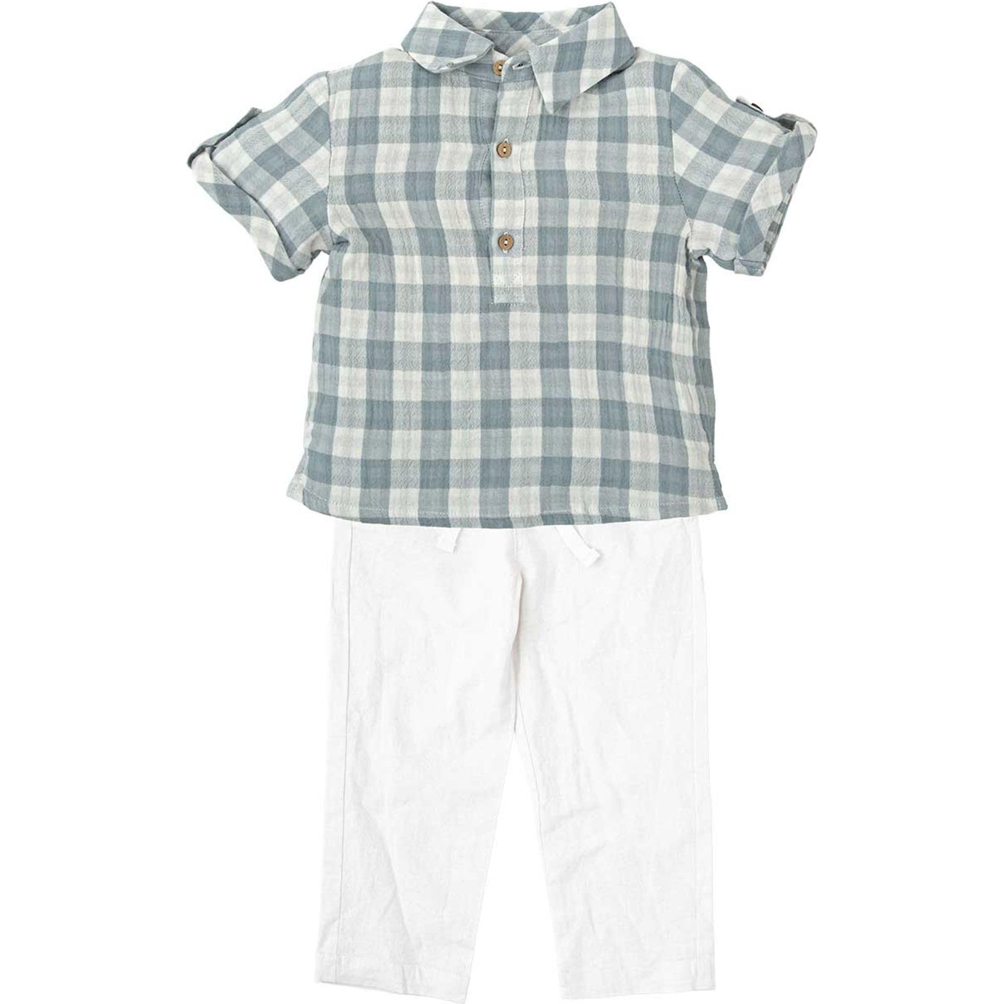BABIDU Conjunto para Bebé y Niño con Camisa de Manga Corta a Cuadros y Pantalón Largo Blanco, Cuello Camisero, Cierre de Botones y Tejido Fresco, Ideal para Verano y Ocasiones Especiales