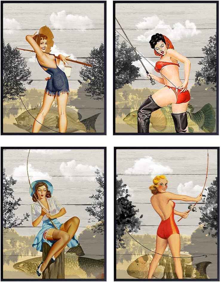 Retro Fishing Art Prints - Vintage Wall Art Poster Set - Shabby Chic Home Decor for Beach or Lake House, Den, Man Cave - Gift for Fisherman, 8x10 Photo Unframed