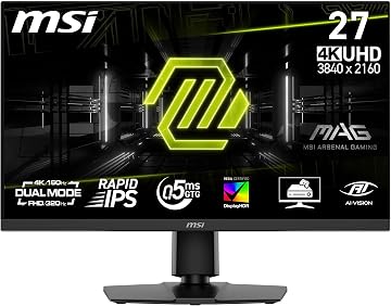 MSI mag 272URDF E16 Monitor Gaming, 27-Inch, 4K UHD, 3840x2160, Rapid IPS, 0.5ms, DisplayHDR 400, Eye Care, AI Vision, Dual-Mode, HDMI 2.1, DP 1.4a, Tilt/Height Adjustable, Negro