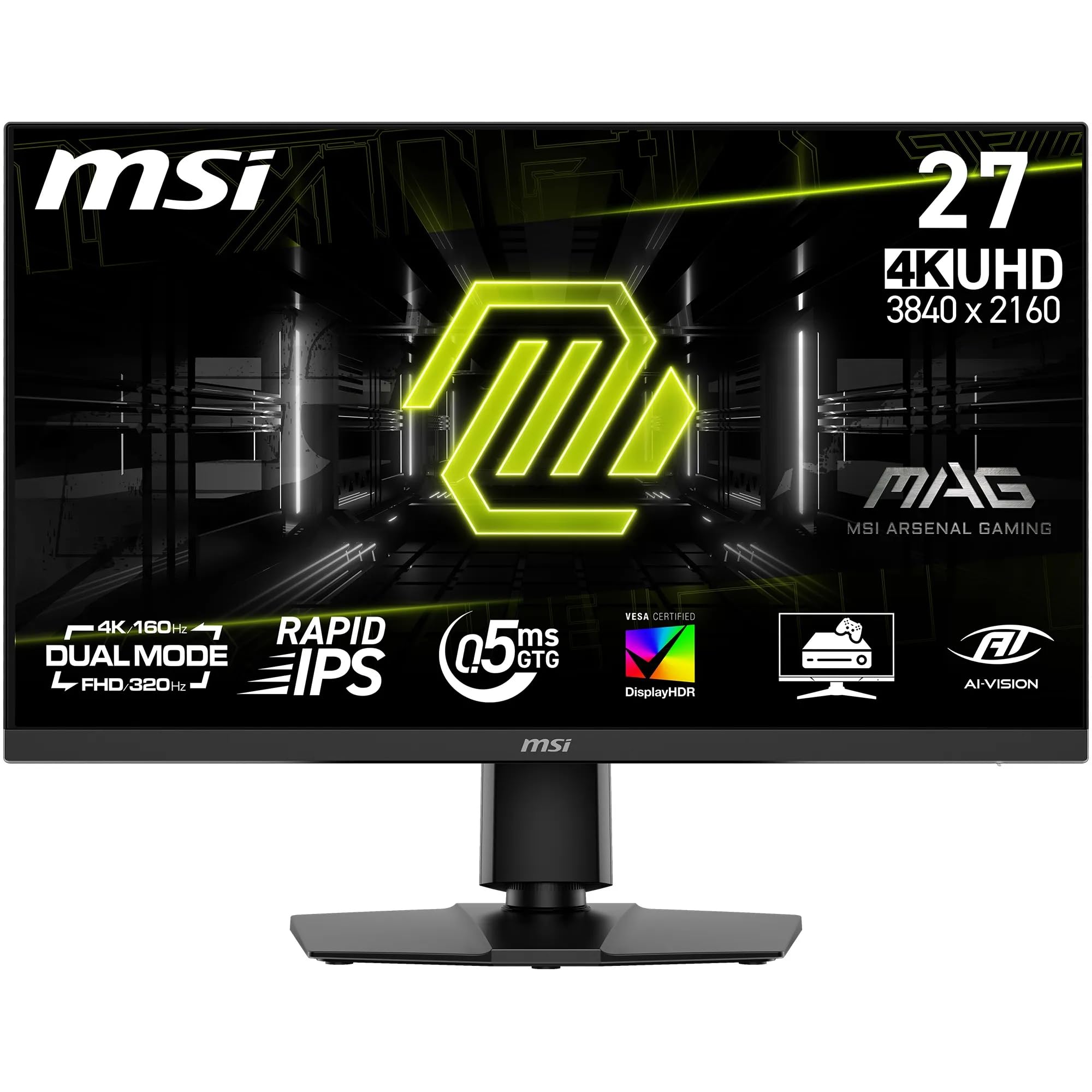 MSI MAG 272URDF E16, monitor gaming 27" 4K UHD (3840x2160), Rapid IPS, 0,5 ms, DisplayHDR 400, Eye Care, AI Vision, modalità duale, HDMI 2.1, DisplayPort 1.4a, supporto regolabile inclinazione/altezza