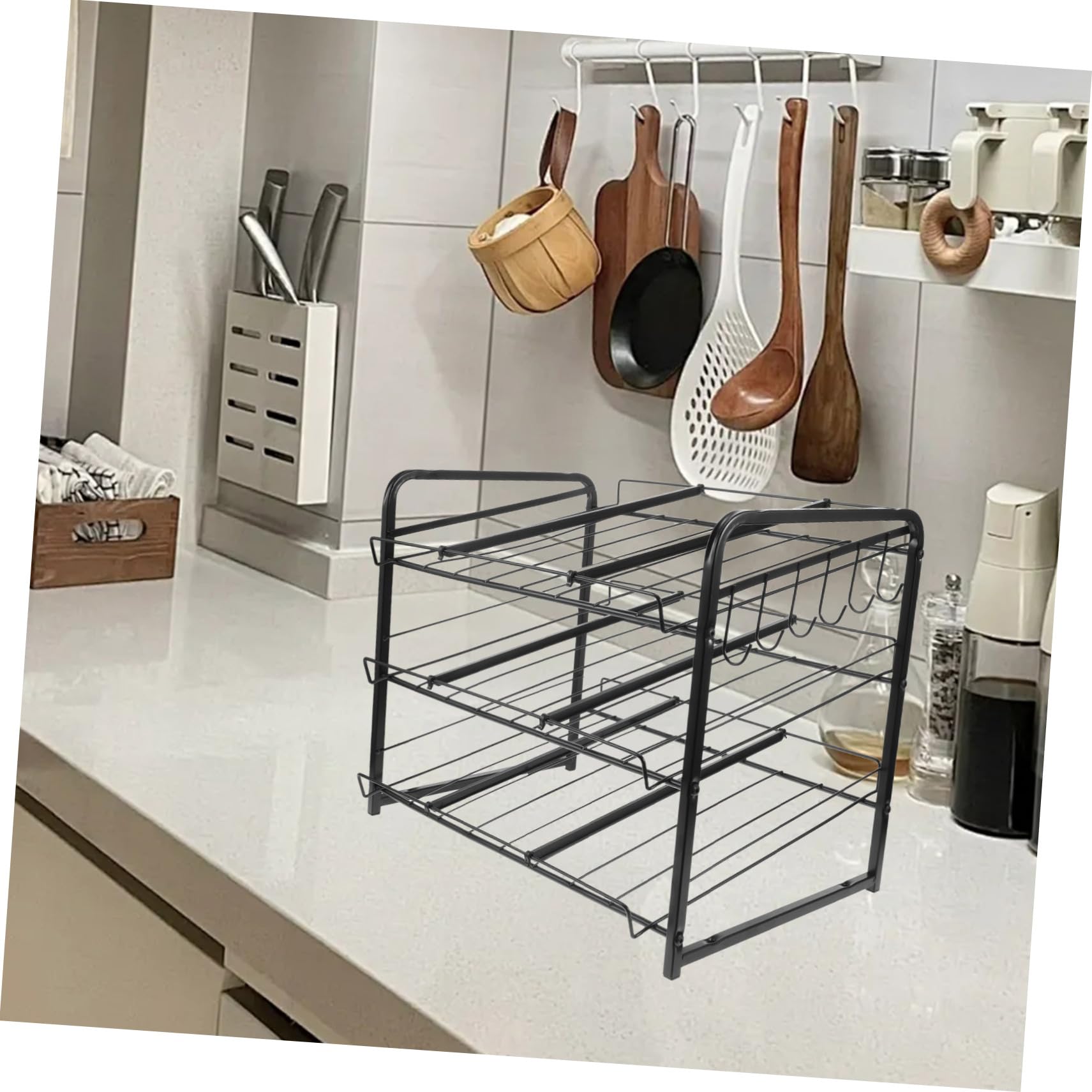 TOPBATHY Organizador de Latas Estante Apilable de 3 Niveles de Acero Inoxidable Negro, Dispensador Ajustable para Latas y Snacks para Encimera y Despensa