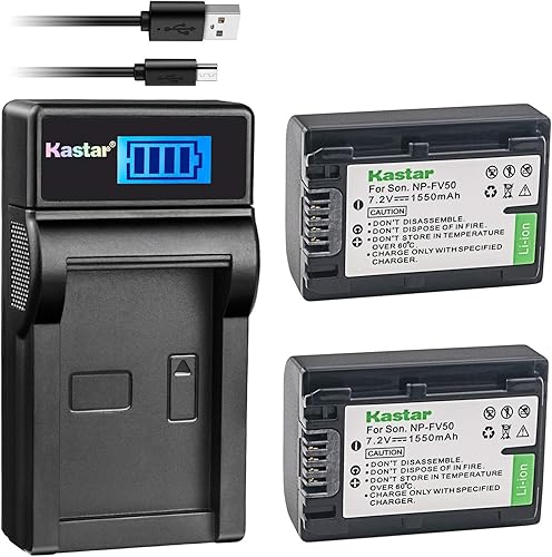 Kastar Batería (X2) y cargador LCD delgado de repuesto para Sony NP-FV50 NP-FV40 NP-FV30 CX220 CX230 CX290 CX330 CX380 CX430V CX900 PJ200 PJ230