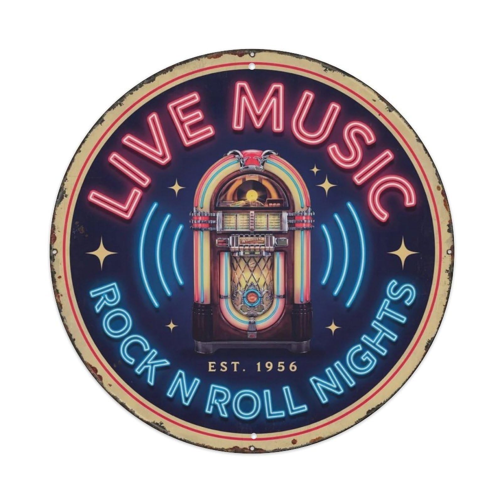 Neon Jukebox Live Music Round Metal Tin Sign Plaque