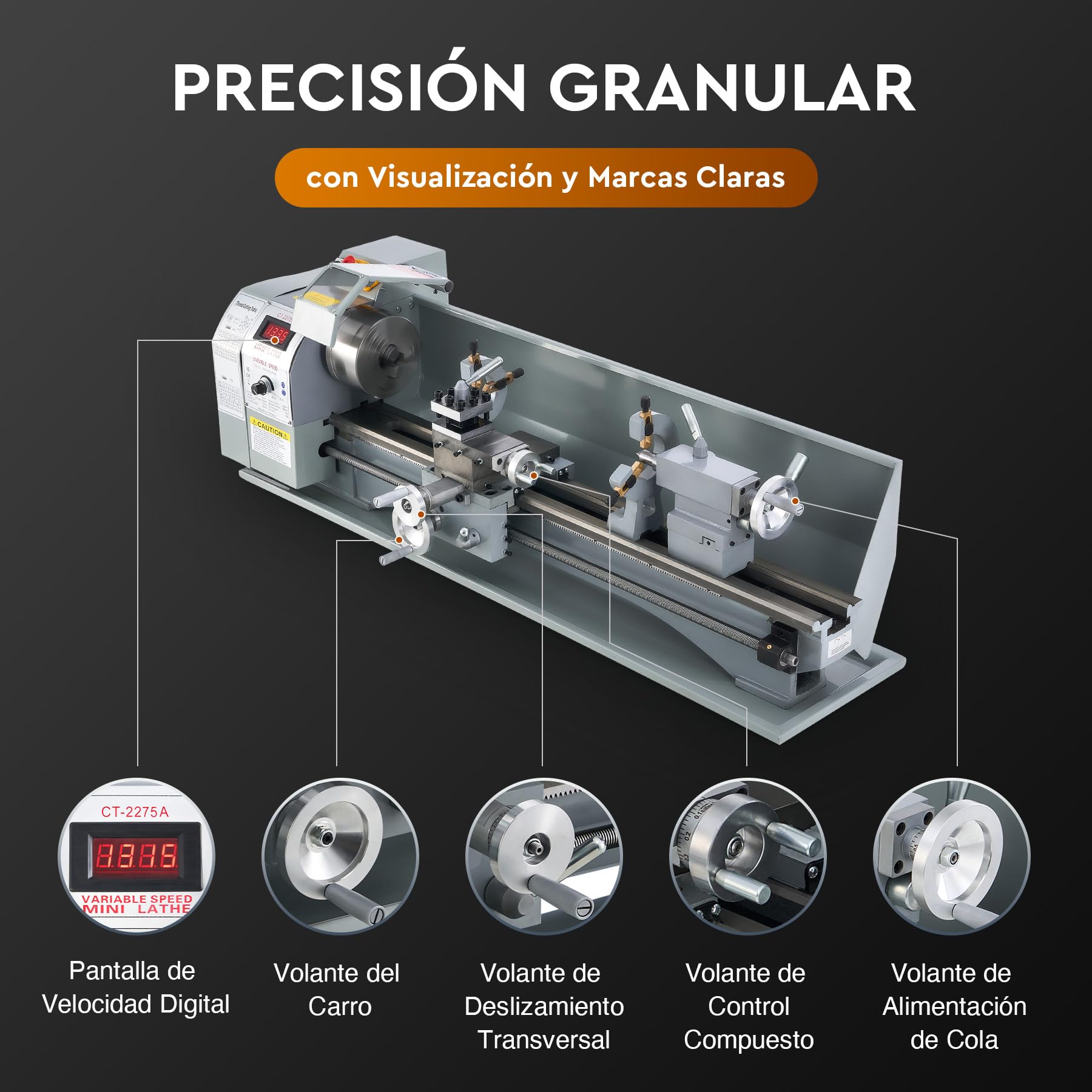 CREWORKS 1100W Torno de Metal, 220X750MM Torno para Metal de Sobremesa con Máx. Velocidad 3000 RPM, Torno de Metal con Pantalla Digital para Torneado de Metales para Roscar, Tornear
