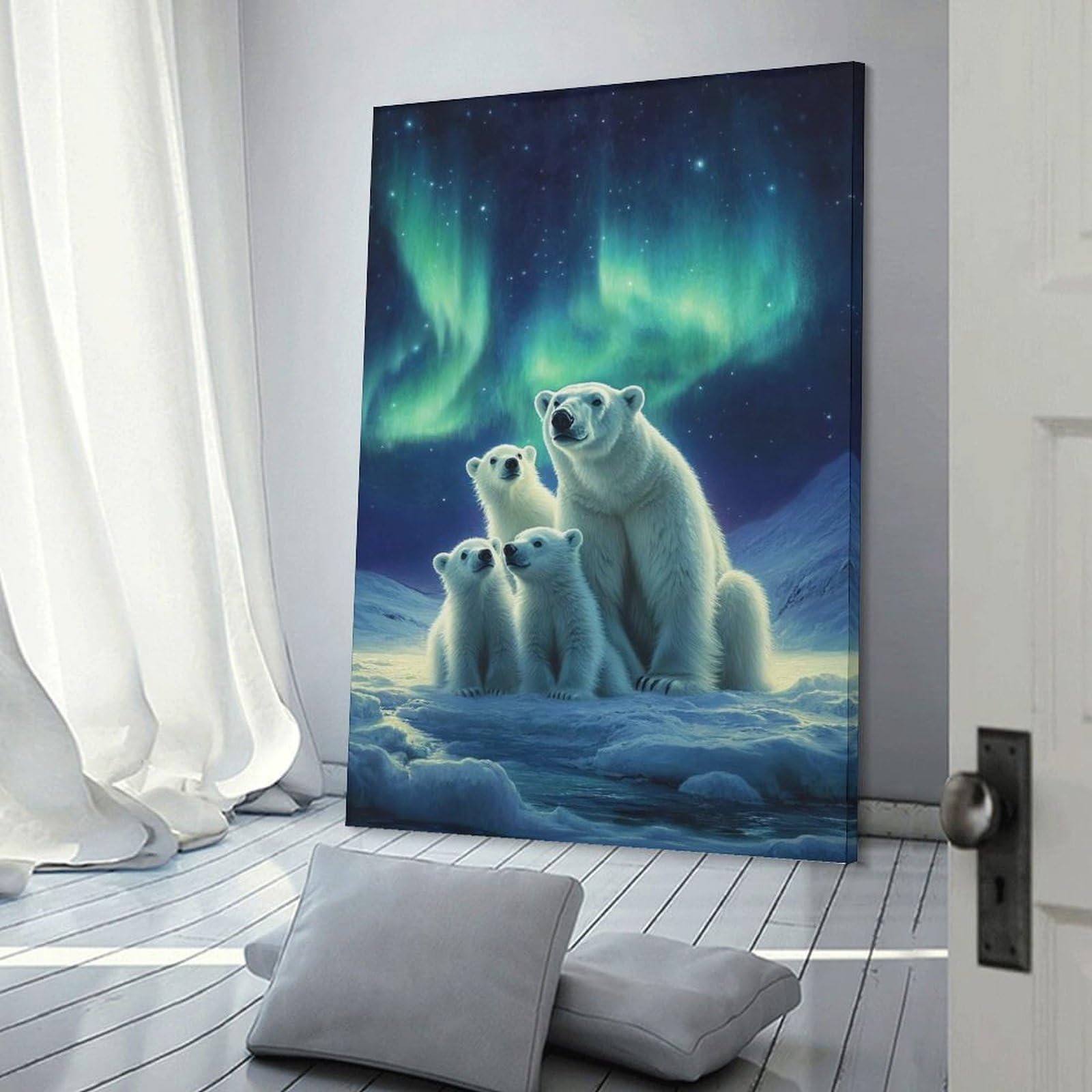 Junmoney Frame-Style-17 Canvas Wall Art Polar Bear Family Under Aurora Borealis, 20X30inch(50X75cm), For Lounge, Study, Hallway Or Flat Walls, Canvas Wall Art That Fits Changing Layouts