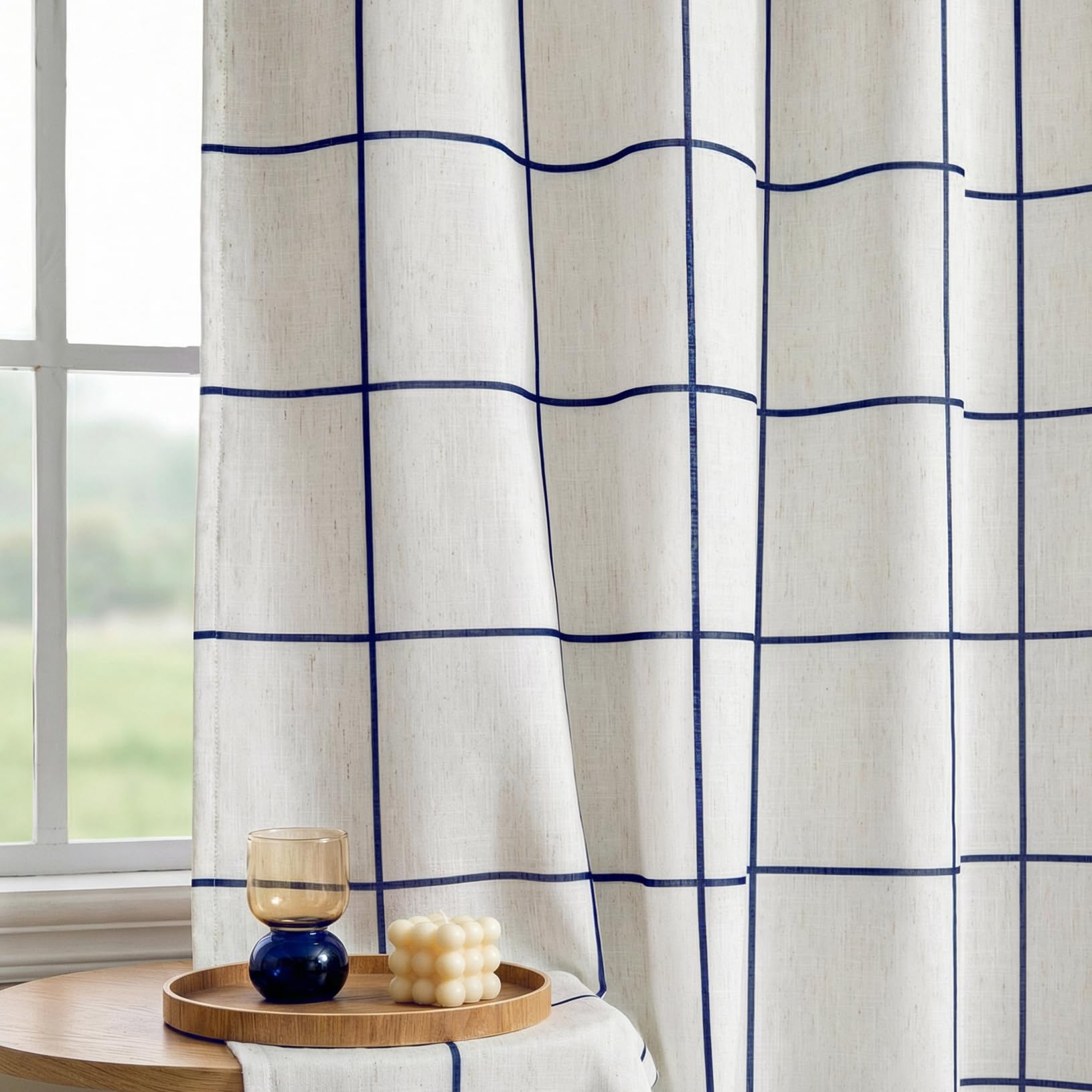 MYSKY HOME 100% Blackout Plaid Linen Farmhouse Curtains 72 Inch Long for Bedroom Double Layer Thermal Insulated Black Out Checkered Patterned Window Treatment, 2 Panels, 52" W Each Panel, Navy Blue