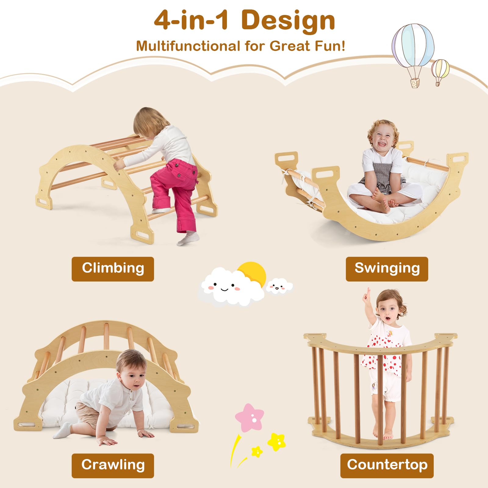 HOMASIS Kletterbogen mit Kissen, Holz Klettergerüst Indoor, Montessori Holzwippe Bogenwippe zum Wippen & Klettern, Picklerdreick Baby, Kletterdreieck Klettergeräte für Kinder ab 3 Jahre (Natur)