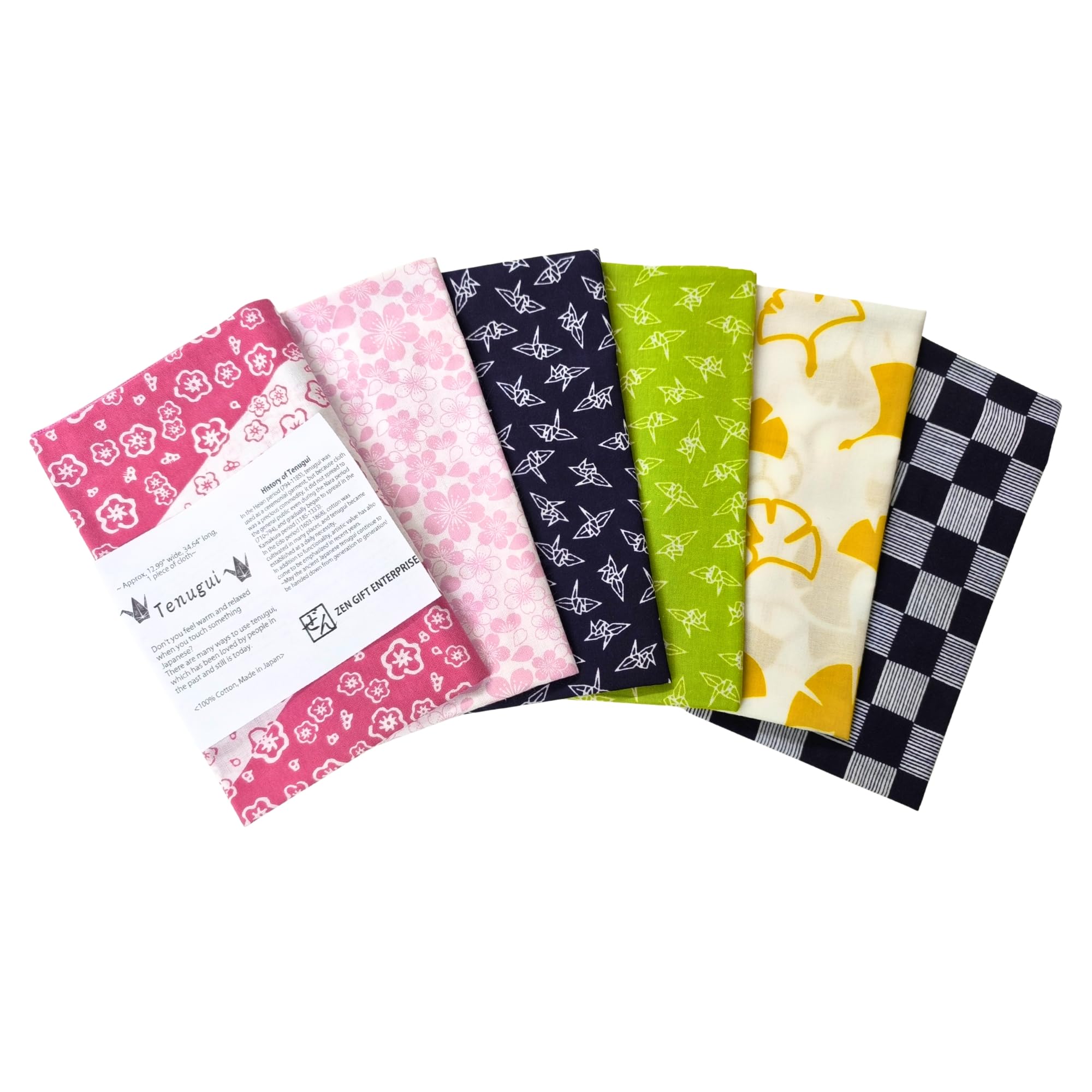 Japanese Towel Tenugui with Fray Prevention Processing, Traditional, Set, 12.99 x 34.64 in, Made in Japan, Traditional Japanese 6 Patterns Set, 100% Cotton Eco Friendly Kitchen Towels
