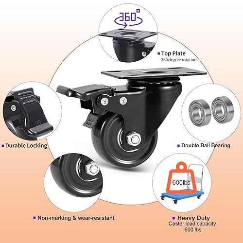 Miniatura 5 de Ruedas giratorias de 2 pulgadas, 600 libras, juego de 4 ruedas, ruedas de placa resistentes con rodamientos de bolas dobles, ruedas giratorias de