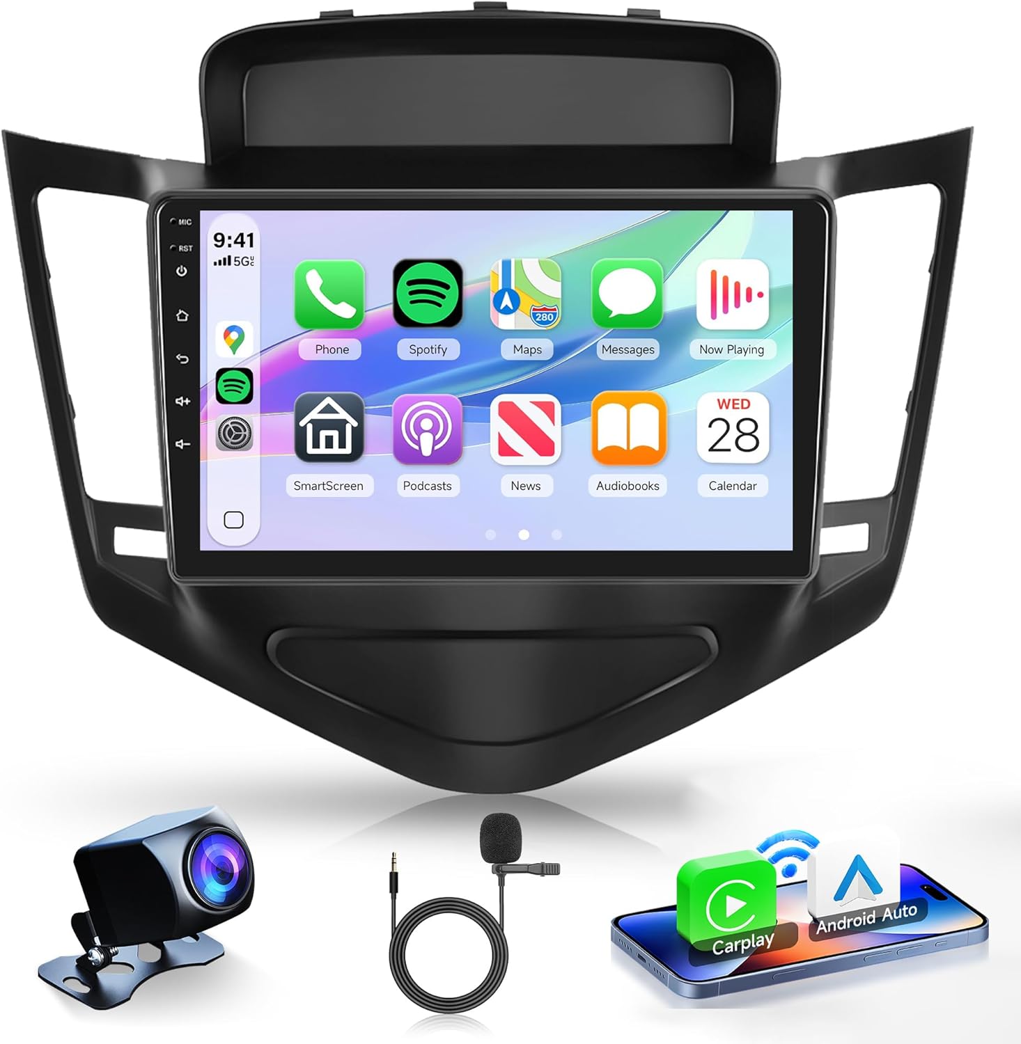 4G+64G Rimoody Andorid 15 Car Radio for Chevrolet Chevy Cruze 2009-2015 Wireless Carplay Andorid auto Mirror Link Car Stereo 9'' Touchscreen GPS WiFi Bluetooth FM/RDS EQ-32 SWC Backup Camera