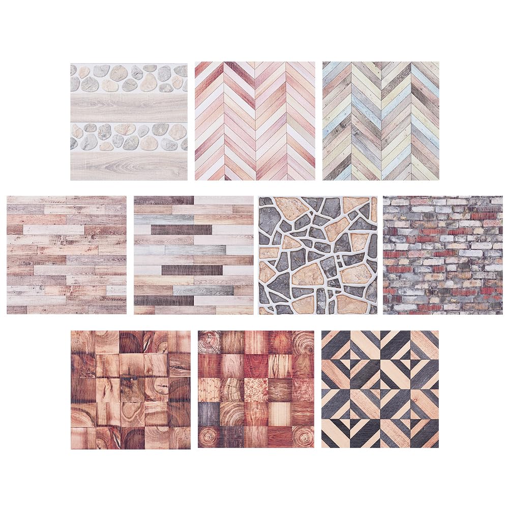 GOMAKERER 20 Sheets 10 Styles Dollhouse Wallpapers, 100x100x0.3mm Wood Grain Texture Self Adhesive Dollhouse Wallpaper Flooring PVC Waterproof Mini Stickers for DIY Crafting House Models