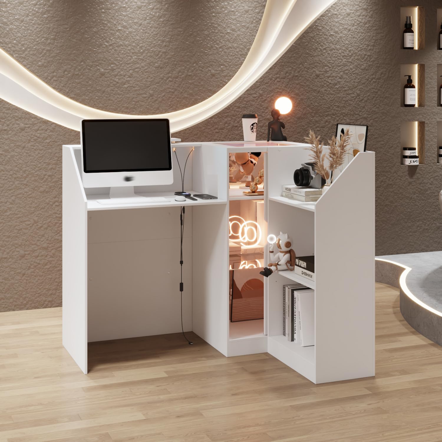 Tavolo di ricezione angolare con cassetto della tastiera, cassetta L con 3 luci colorate, bancone con vetrina in vetro, tavolo reception, bancone