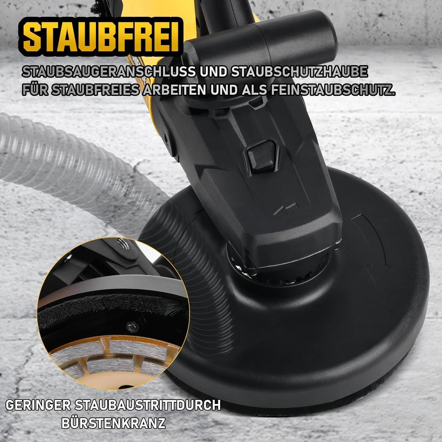 3800 W 6000 RPM - Lijadora de hormigón, motor potente, mango largo, diámetro de 180 mm, 6 marchas, fresadora de hormigón, fresadora de saneamiento, fresadora de limpieza con campana de extracción