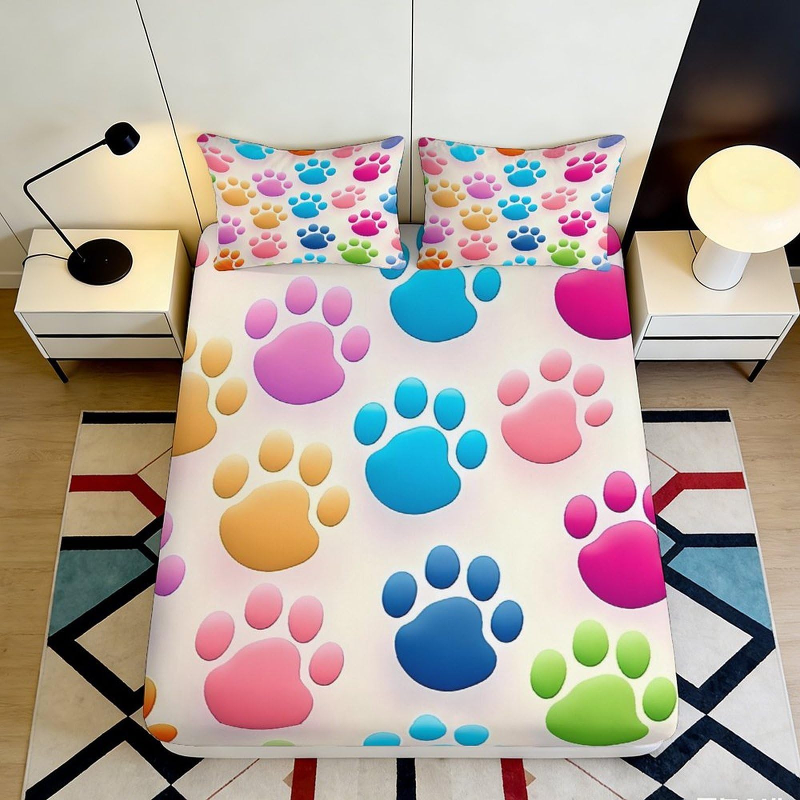 3D Printed Colorful Paw Fitted Sheet Microfiber Soft Anti-Slip Rainbow Paws Bed Cover for Bedroom Dorm Decoration 90x200x25cm