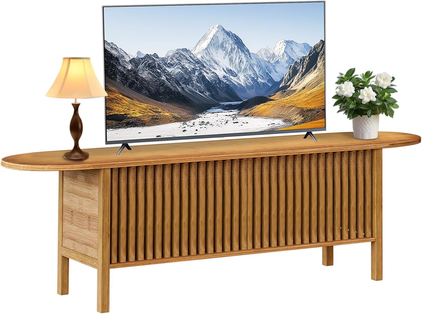 Bamboo TV Stand for TVs up to 65", Accent Entertainment Center with Storage, Media Console Table with Fence Door, Modern TV Stand for Living Room, Bedroom, 55"(L), Walnut