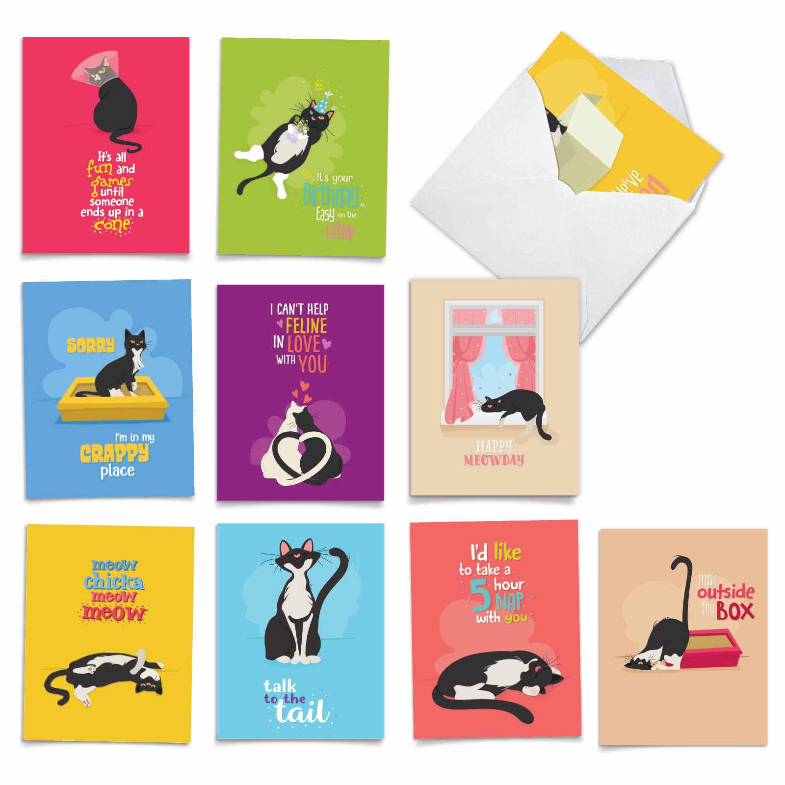 The Best Card Company - 10 Adorable Blank Cat Cards (4 x 5.12 Inch) - Cute Pet Kittens, Assorted Bulk Notecard Set - Catty Cards M6558OCB