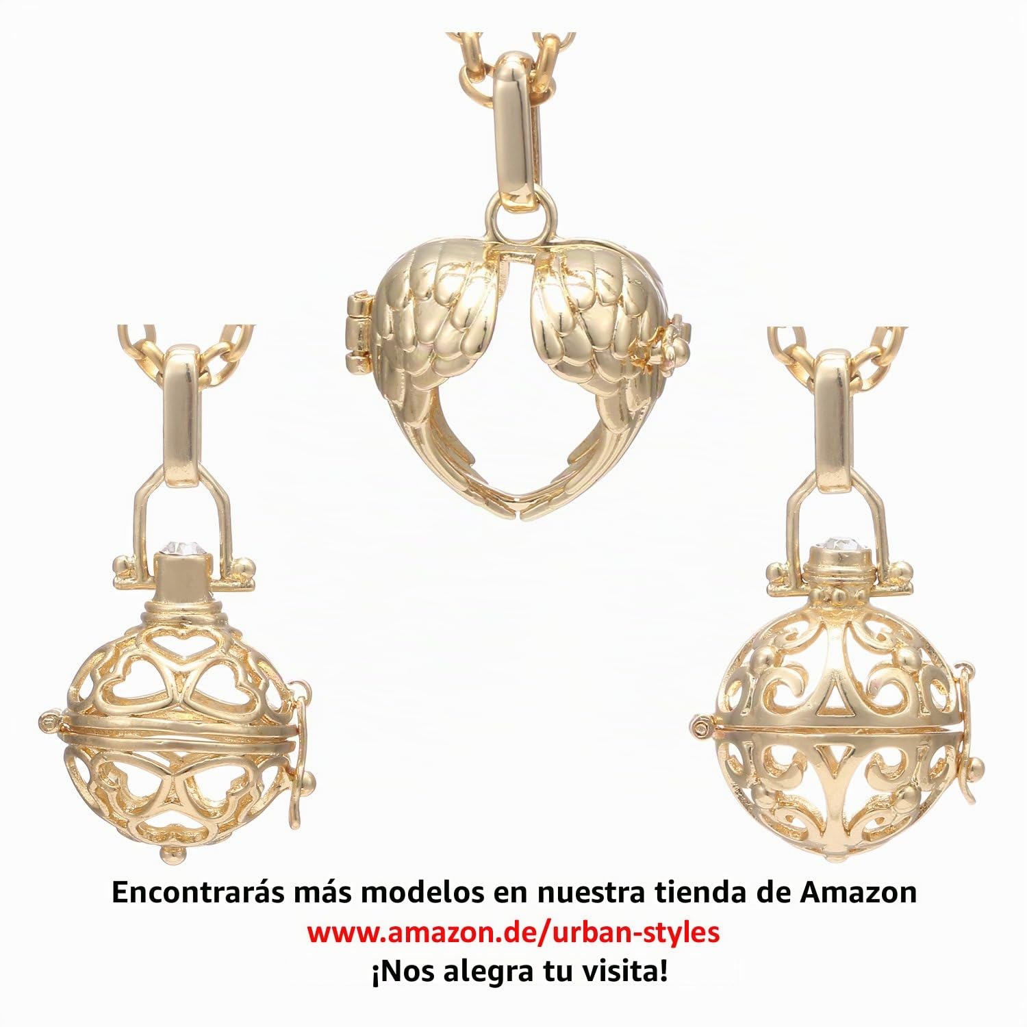 Morella Collar ángel de la Guarda de Acero Inoxidable 70 cm con Colgante Amor-corazón y Bola de resonancia de circonita Ø 16 mm para Damas en Bolsa para Joyas