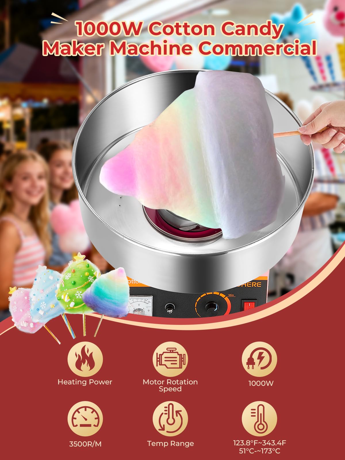 FOHERE Zuckerwattemaschine 1000W – Profi Zuckerwattegerät mit 38cm Edelstahlschüssel & Dosierlöffel – Schnelle Aufheizung, Einfache Reinigung – Ideal für Kindergeburtstag, Jahrmarkt & Partys