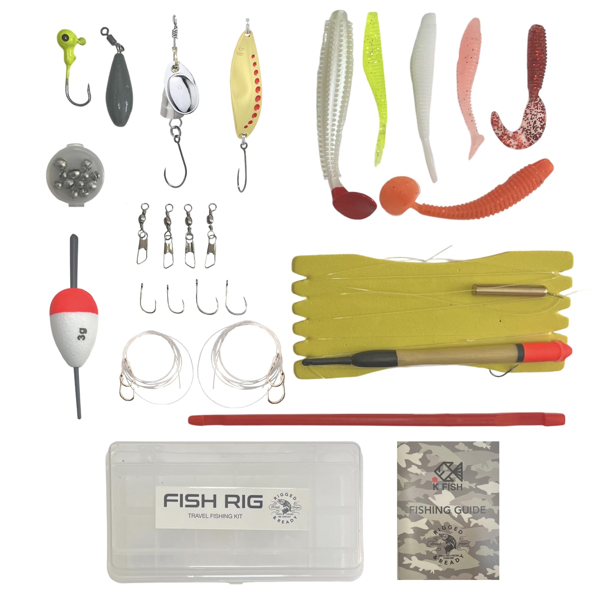 Rigged and Ready Fish Rig Travel Fishing Tackle Box + Tackle, 30 Essential Angling Tackle Items + How to Fish Guide