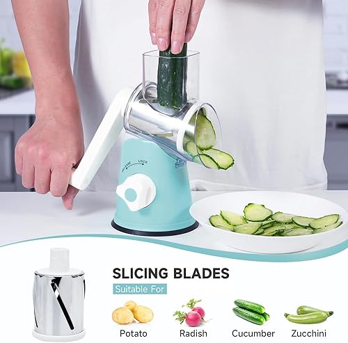 Miniatura 3 de Rallador giratorio de queso, rallador de queso con manivela de mano con 3 cuchillas intercambiables, trituradora de queso manual con base de succión