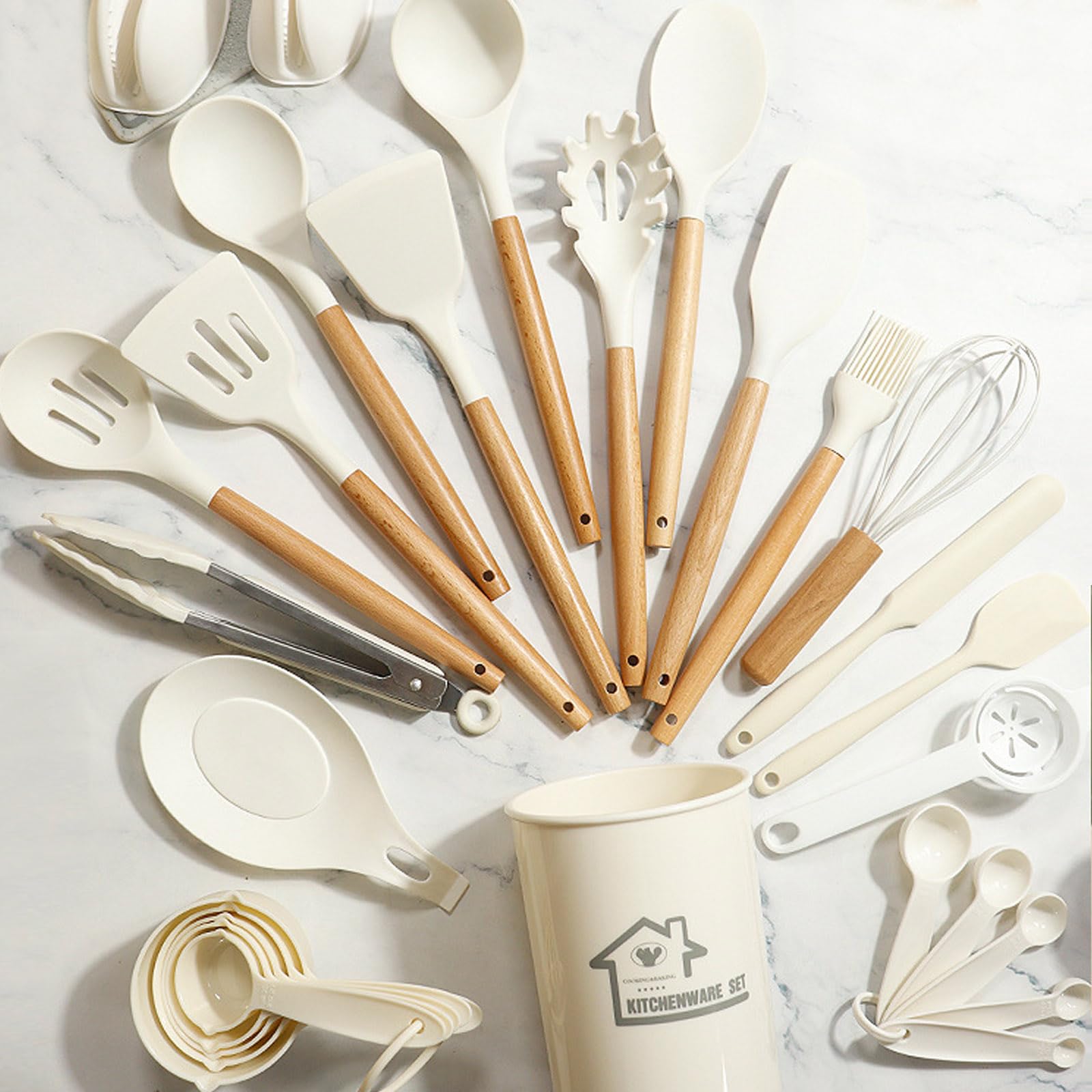Silikon-Küchenutensilien-Set, 46-teiliges Silikon-Küchen-Kochutensilien-Set, Silikon-Pfannenwender-Set mit Halterung zum Kochen von antihaftbeschichteten Küchengeräten,Weiß