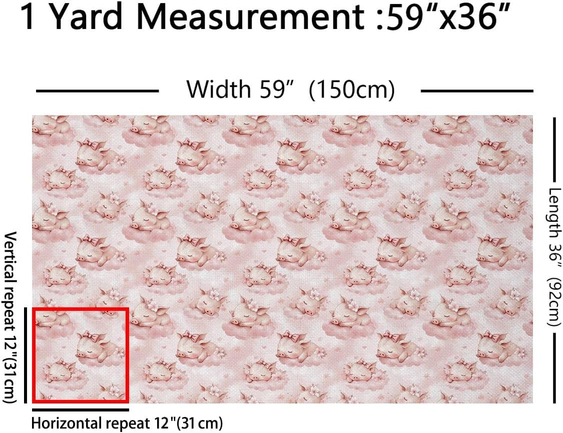 Castle Fairy Cute Pigs Fabric by The Yard,Bowknot Flowers Decor Fabric for Sewing Supplies,Rustic Farmhouse Animals Fabrics Soft Polyester No Stretch,Pink 1 Yard,36" L x 59" W image 2