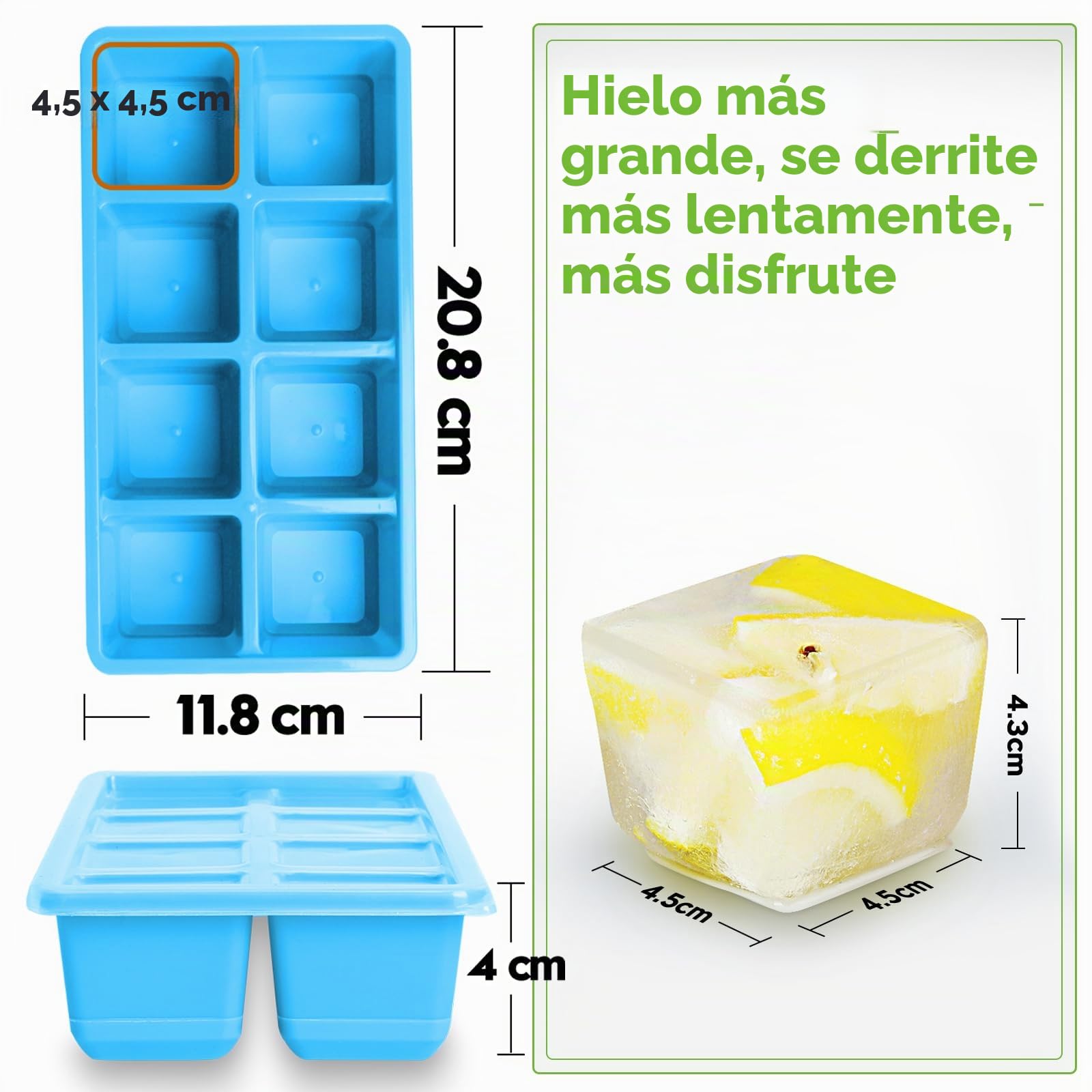 JRISBO Cubiteras para Hielo 4,5 CM Grande, 2Pcs Moldes de Silicona para Cubitos de Hielo XL con Tapa Sin BPA