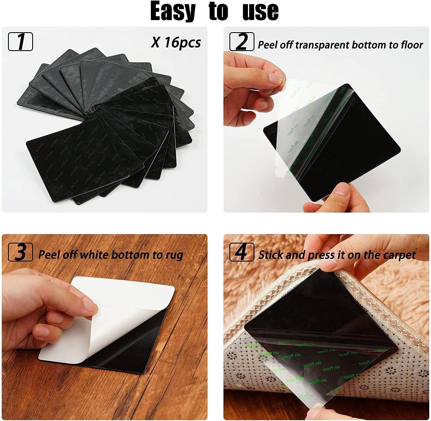 16 PCS Grippers of Rug Pad, Non-Slip Carpet Gripper for Hardwood Floors and Tile, Reusable and Washable Area Carpet Tape, Double-Sided Adhesive Pads, Keeps Corners Flat — view 2