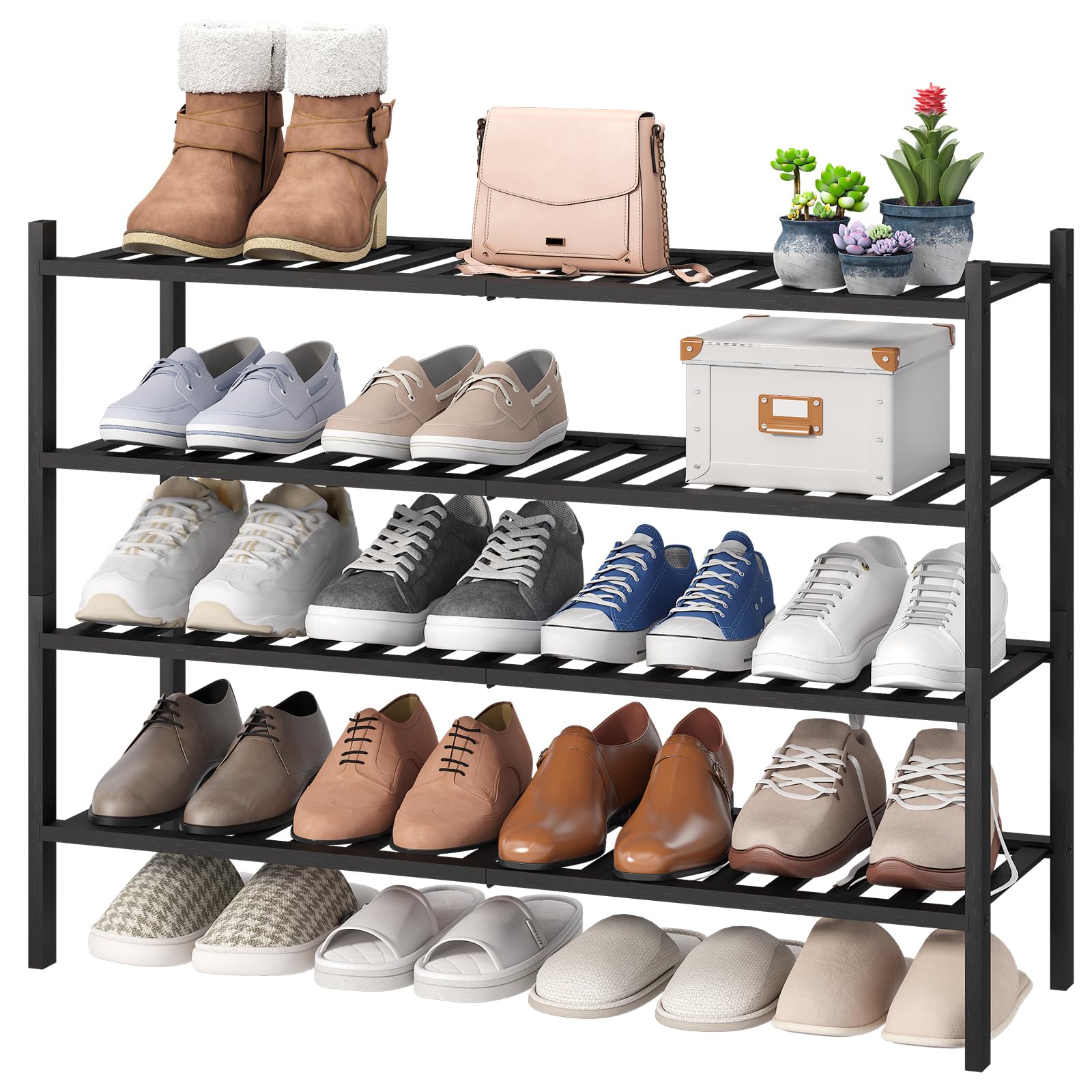 Amazon.com: viewcare Black 4-Tier Long Shoe Rack, Bamboo Wood, 33