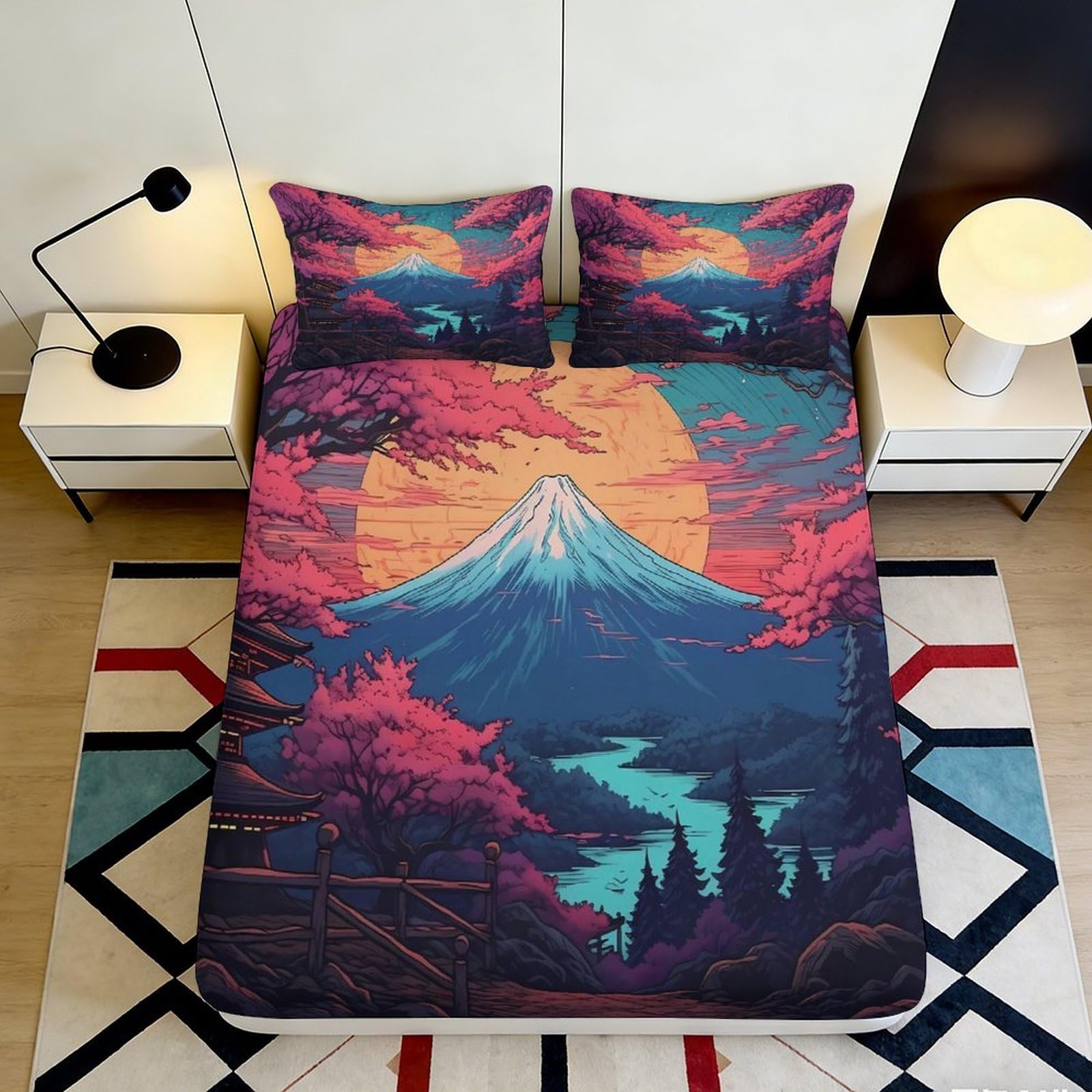 3D Printed Sunset Mountain Fitted Sheet Microfiber Soft Durable Printed Bed Cover with Landscape Design for Bedroom Dormitory Guest Room 120x200x25cm