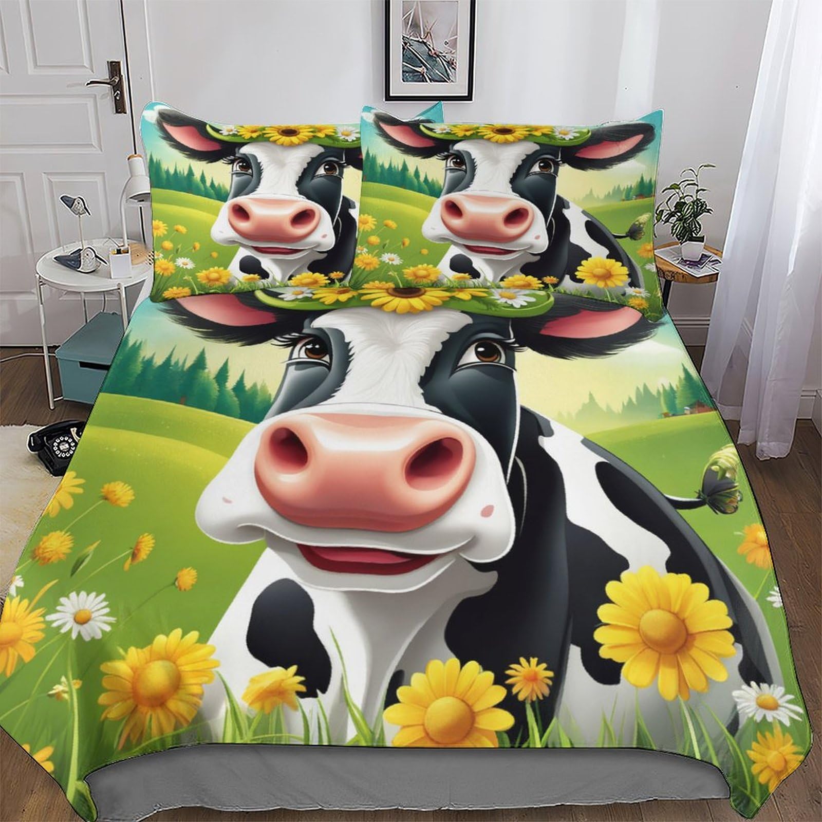 Housse couette vache anti-allergie avec fermeture éclair pour lit double ado
