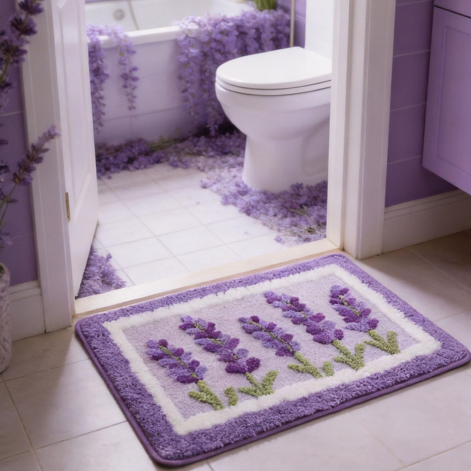 Eyands Lavender Bath Mat, Non-Slip Cute Rug for Bedroom and Bathroom